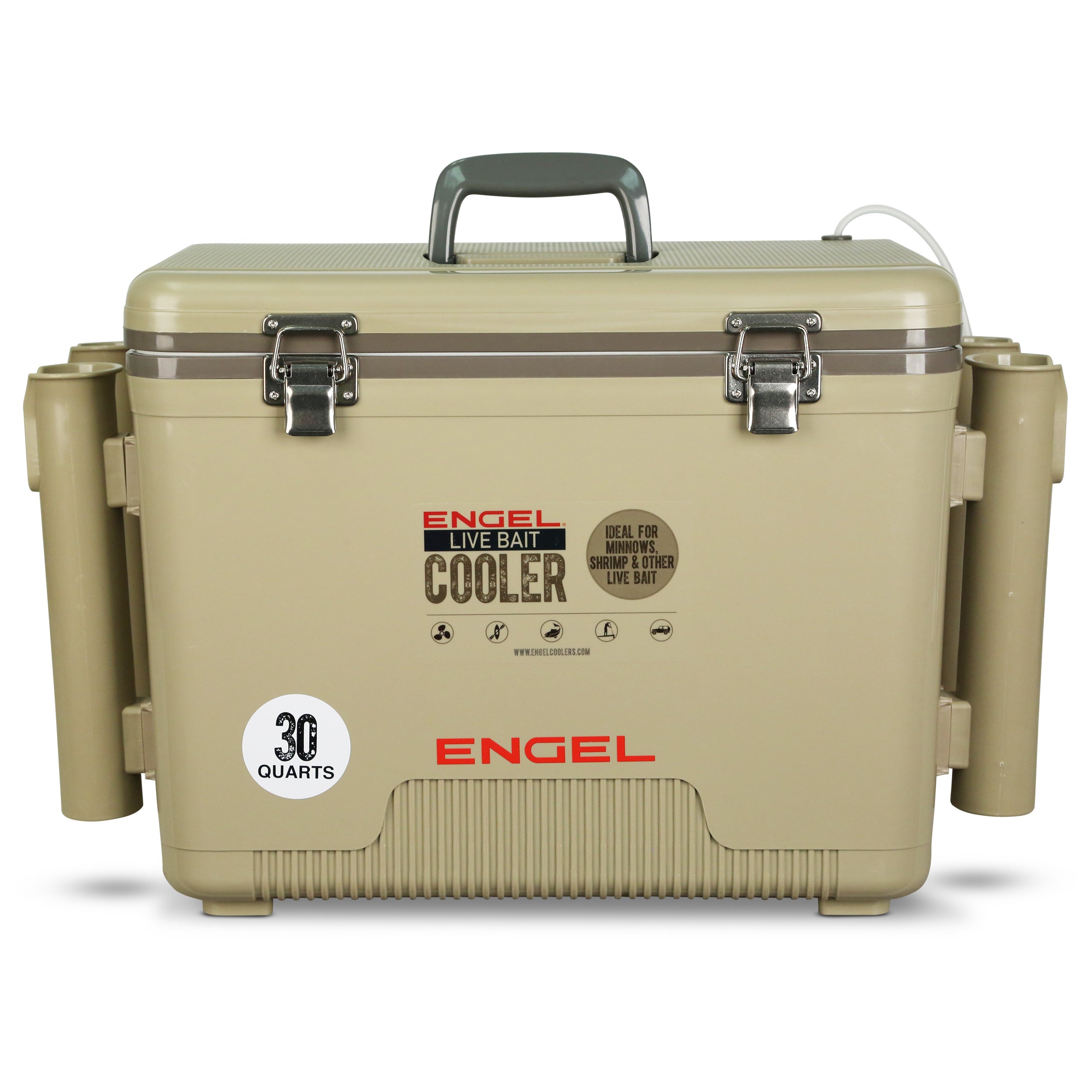 The Engel 30Qt Live bait Pro Cooler with AP4 XL Rechargeable Aerator, Rod Holders & Stainless Hardware from Engel Coolers is shown on a white background.