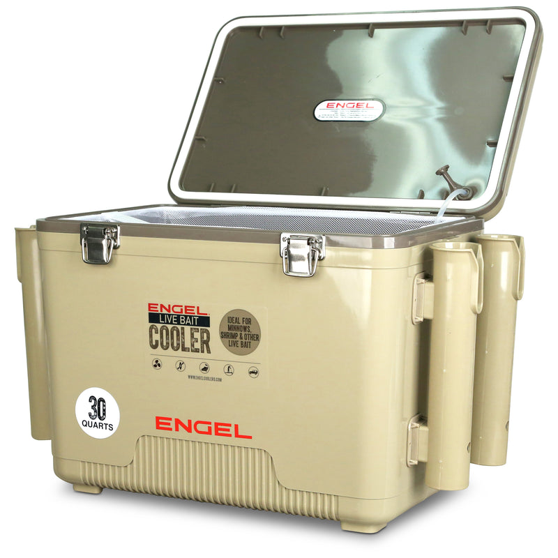 Engel Tan Live Bait Pro Cooler with Rechargeable Aerator & Stainless Hardware 13qt by Engel Coolers