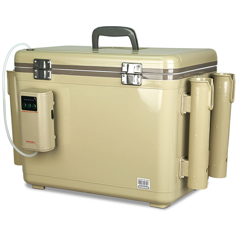 Engel Tan Live Bait Pro Cooler with Rechargeable Aerator & Stainless Hardware 30qt with Rod Holders by Engel Coolers