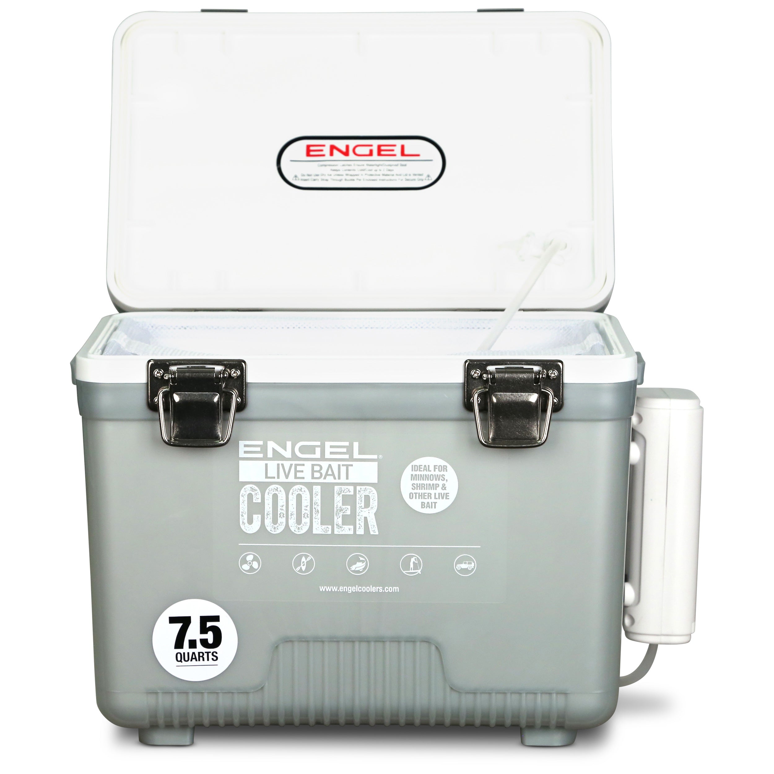 A cooler with the lid open, designed as an Engel Coolers 7.5Qt Live bait Pro Cooler with AP3 Rechargeable Aerator & Stainless Hardware, on a white background.