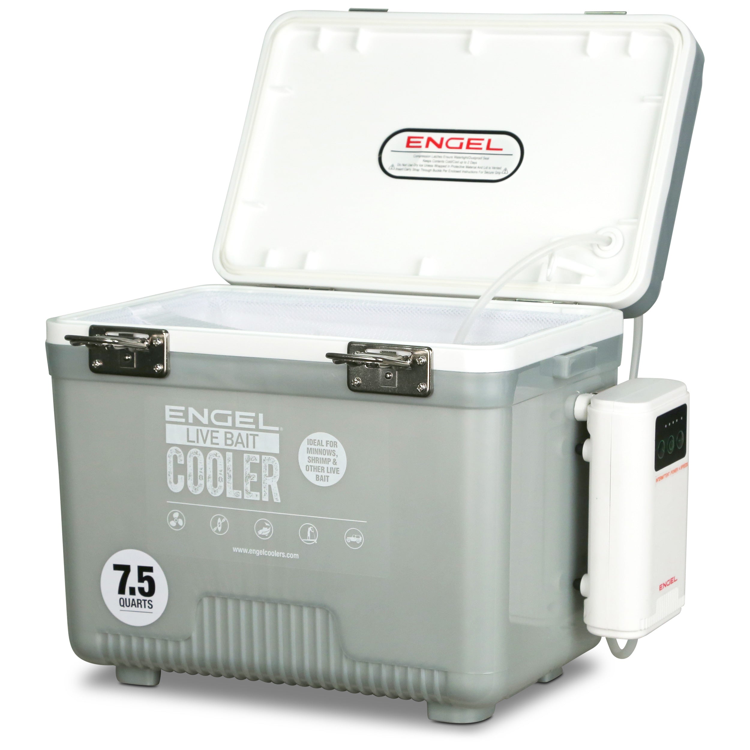 An Engel Coolers electric cooler with a lid open featuring a rechargeable aerator for the Engel Live Bait Pro bait storage system.