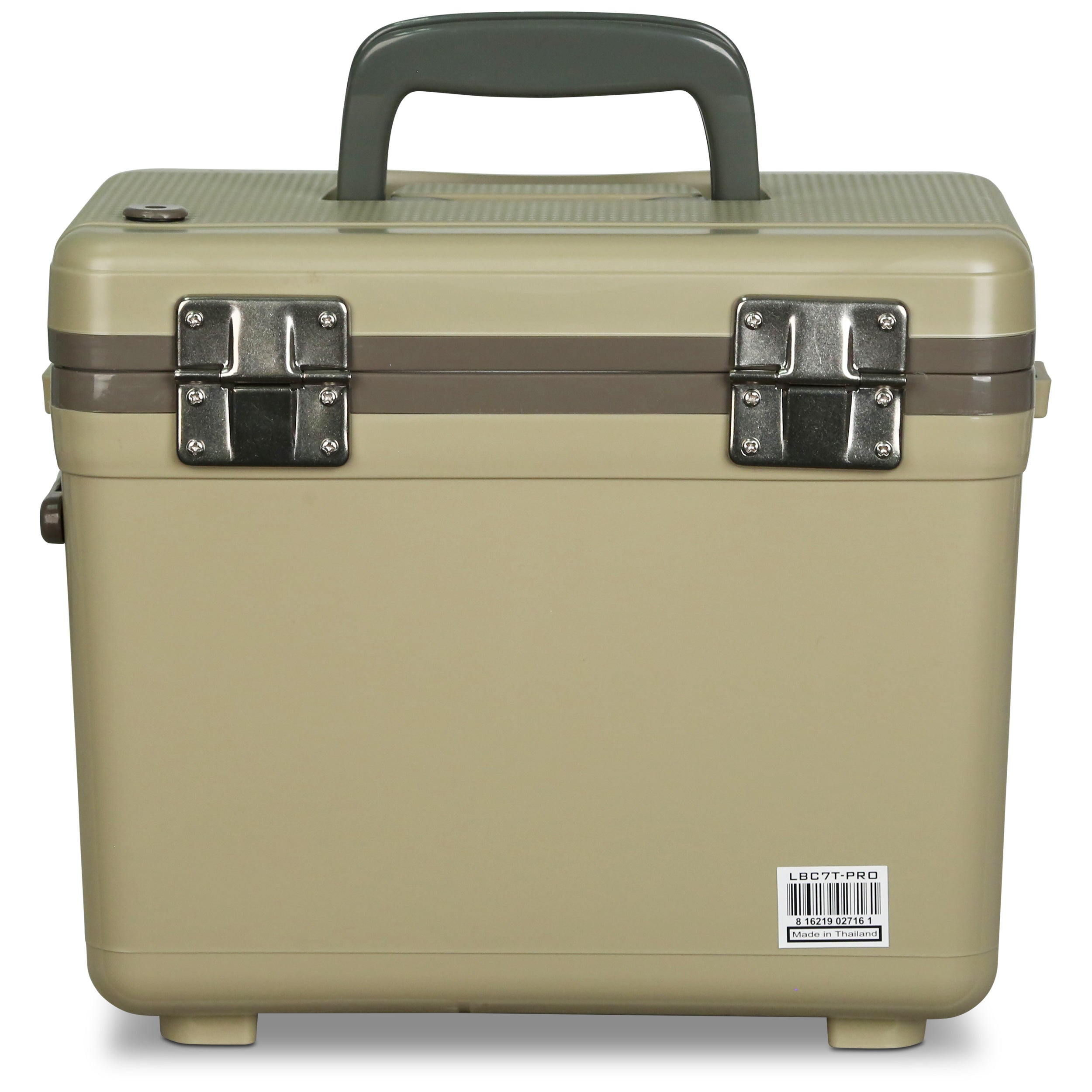 A tan Engel Coolers 7.5Qt Live bait Pro Cooler with AP3 Rechargeable Aerator & Stainless Hardware case with handles.