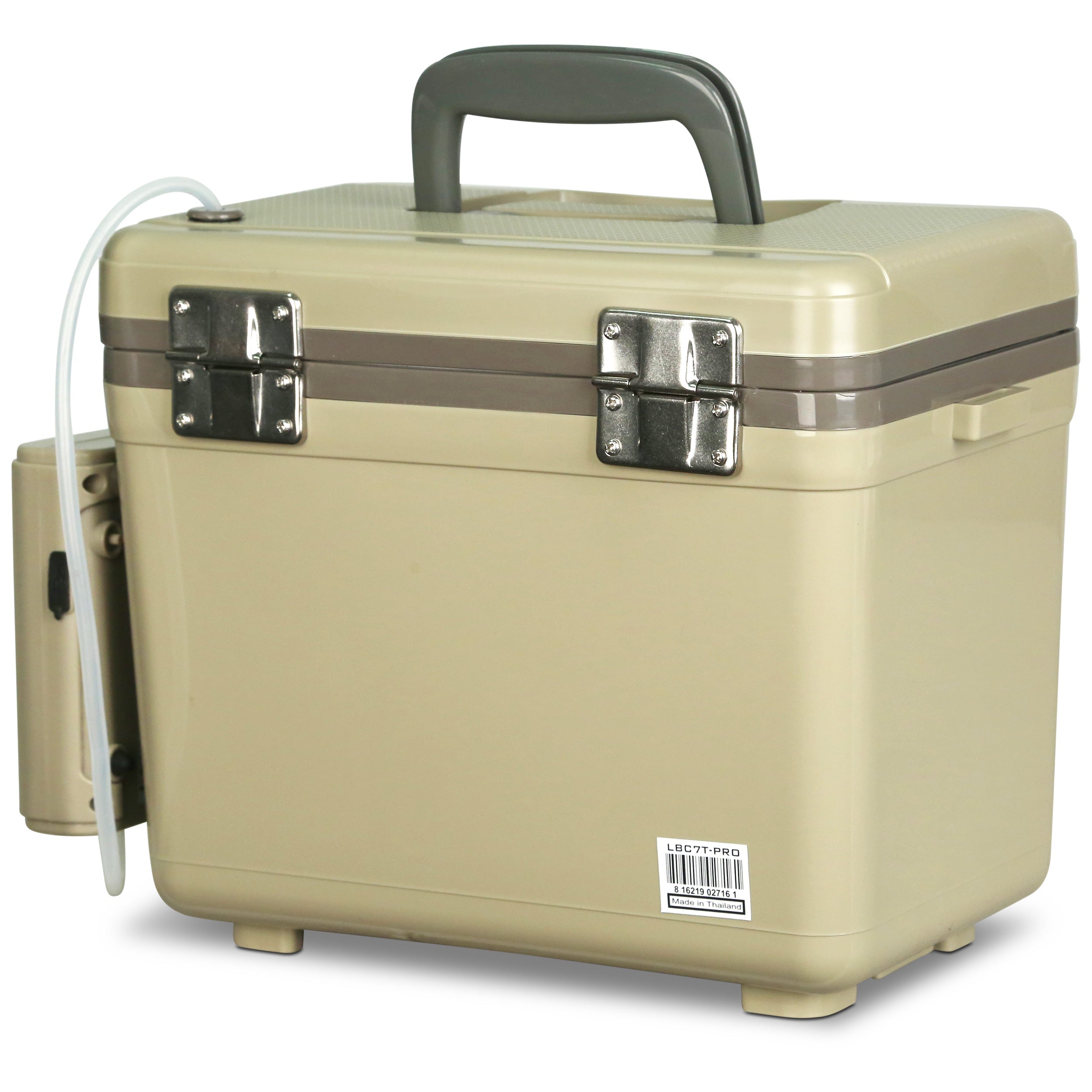 A beige Engel 7.5Qt Live Bait Pro cooler with a handle on it.