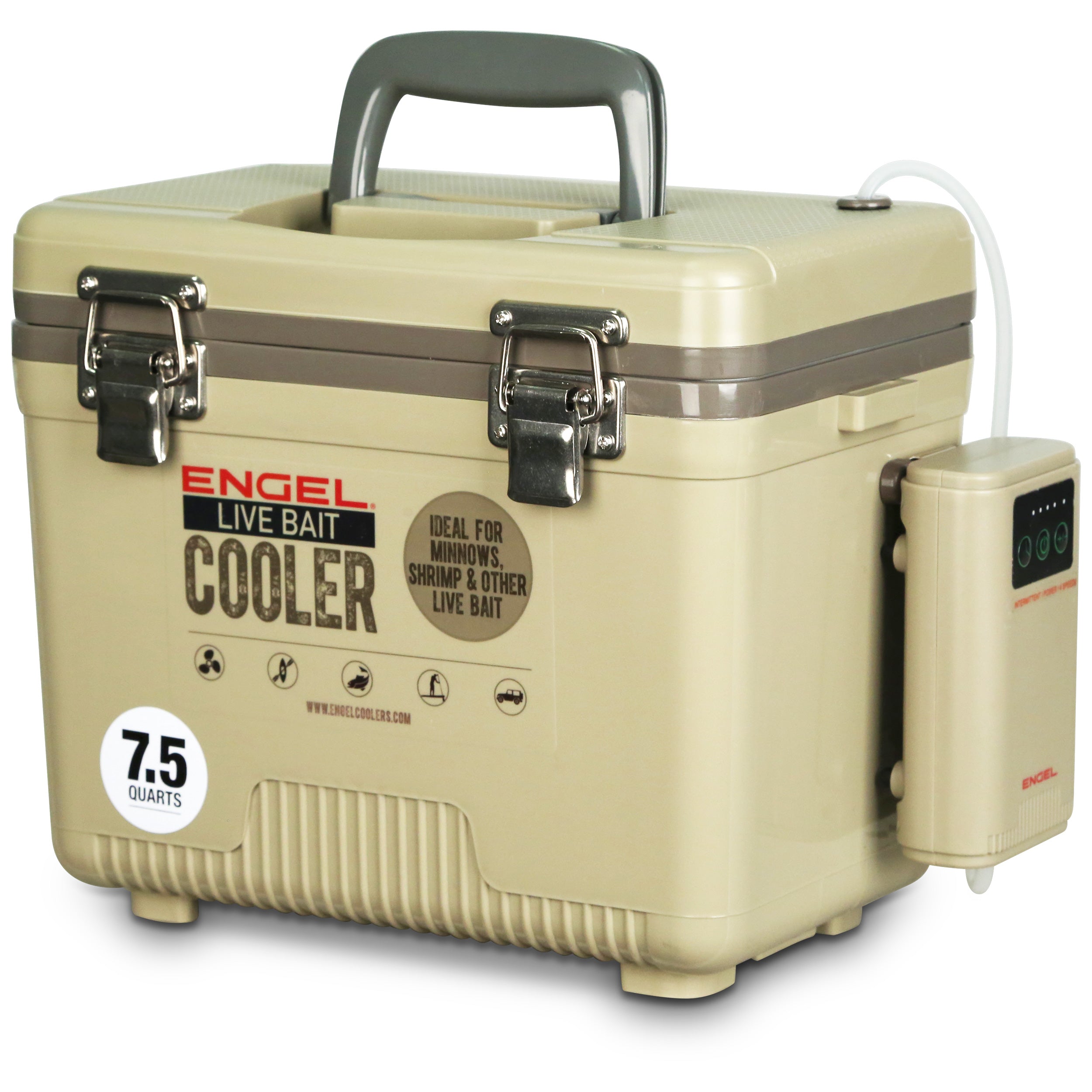 A Engel Coolers 7.5Qt Live bait Pro Cooler with AP3 Rechargeable Aerator & Stainless Hardware with a lid on it and stainless steel hardware.