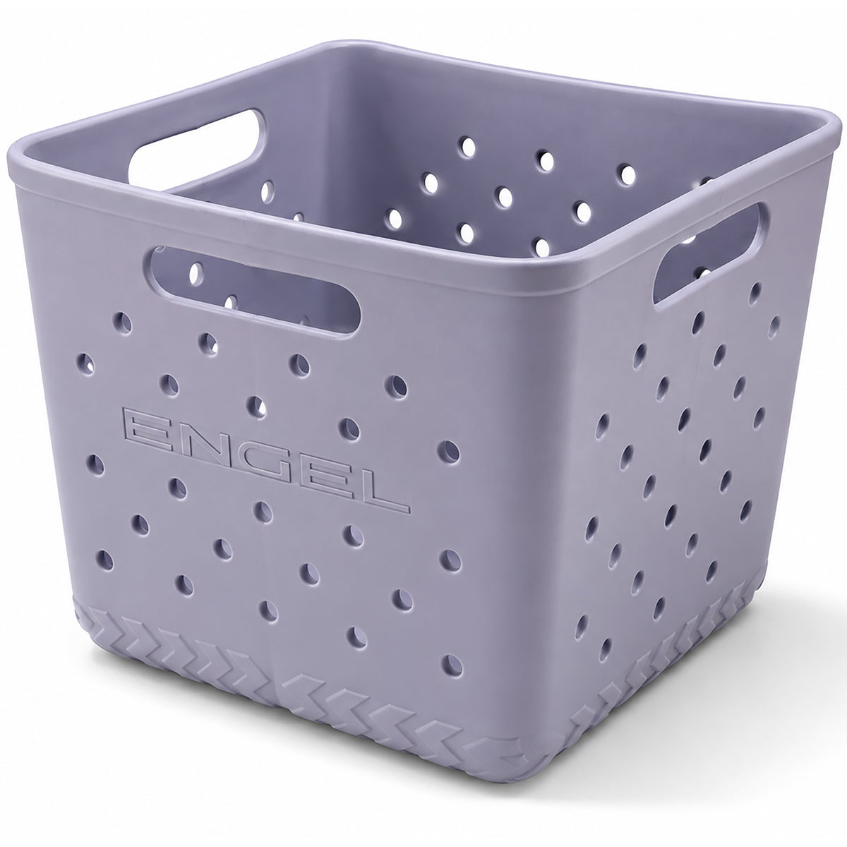 Light purple Engel Cooler Loader square storage bin with cut-out handles and ventilation holes on all sides, serving as a versatile cooler organizer.