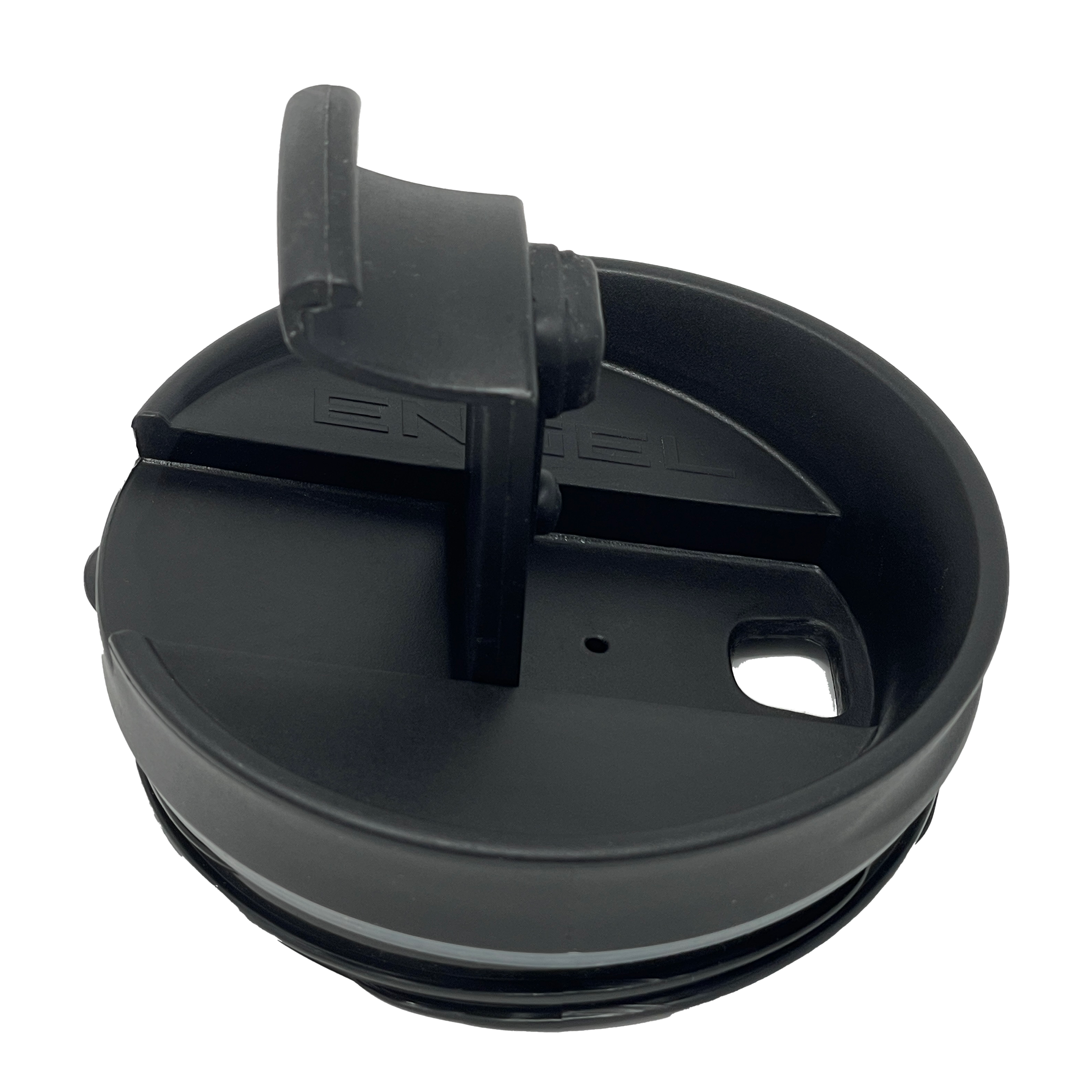 A black plastic replacement cap with a black handle for Engel Tumblers from Engel Coolers.