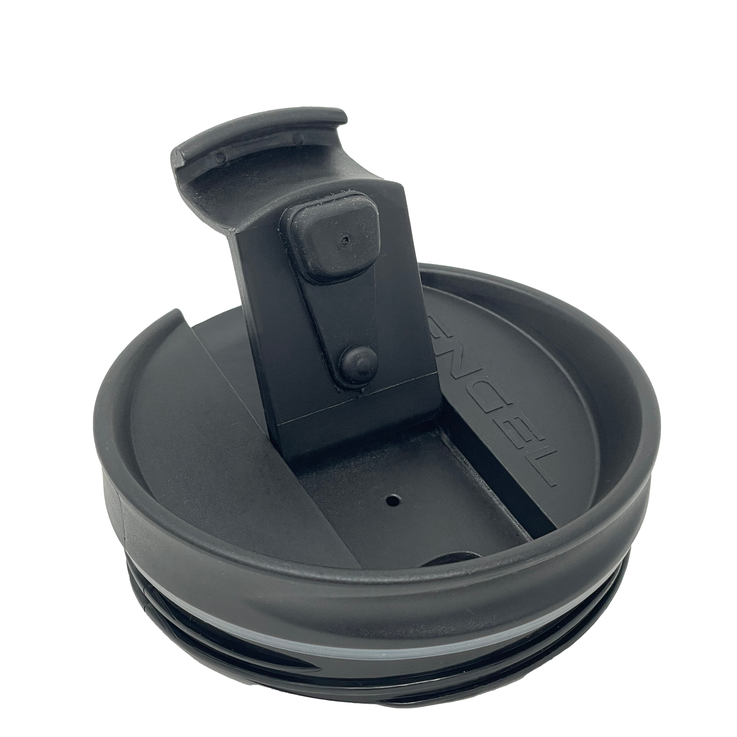 A black Engel Coolers Tumbler Lid plastic cup with a screw-in lid on it.