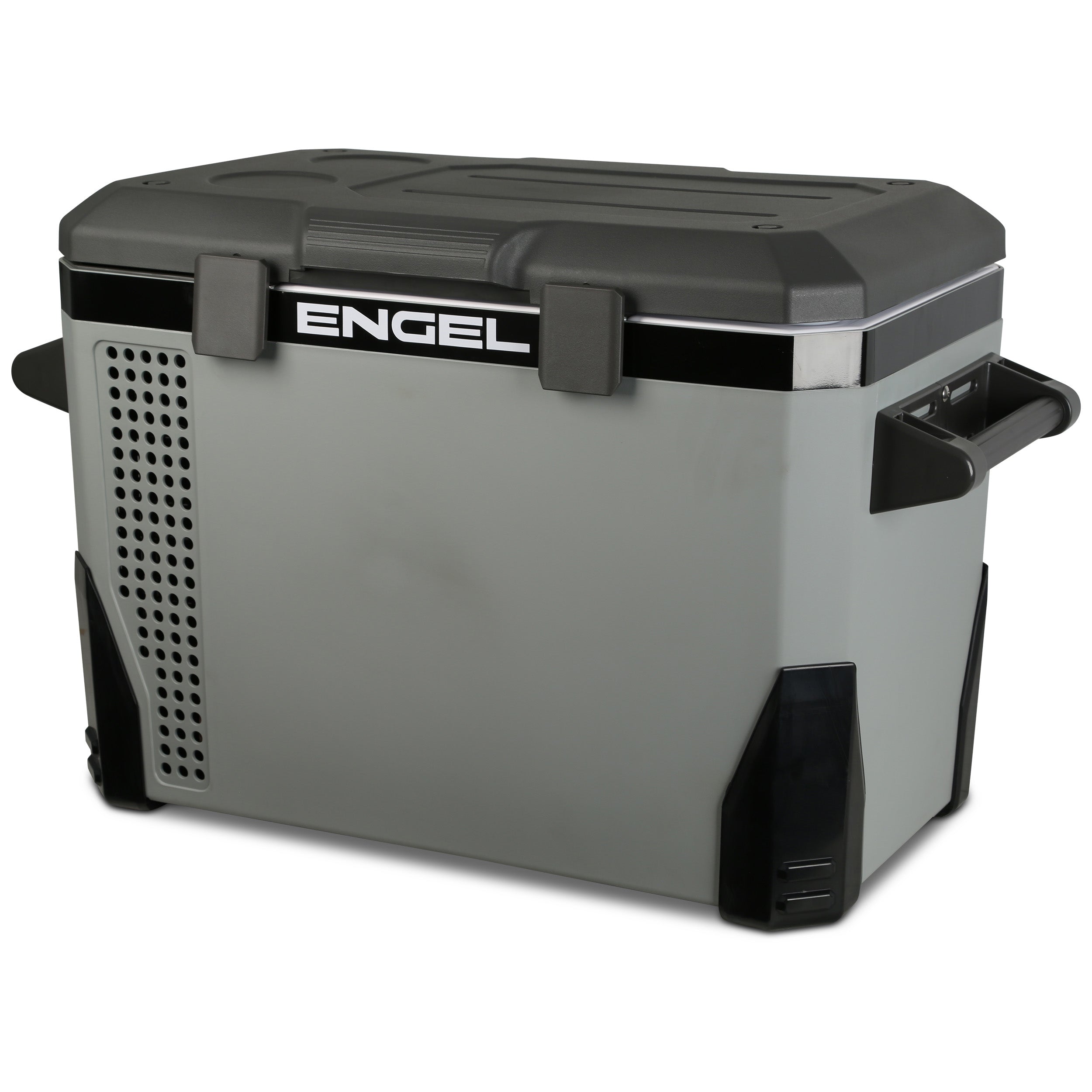 A gray Engel MR040 Top Opening 12/24V DC - 110/120V AC Fridge-Freezer with black handles and a black lid, featuring the Engel Coolers brand name on the front, perfect for marine applications.