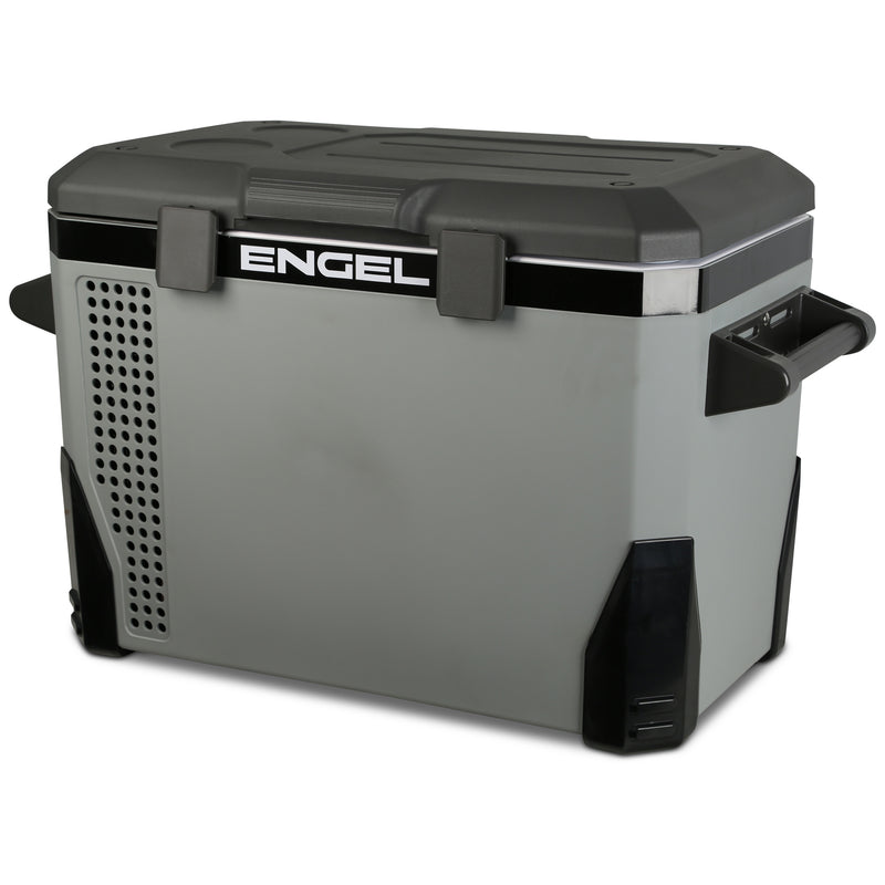 A gray Engel MR040 Top Opening 12/24V DC - 110/120V AC Fridge-Freezer with black handles and a black lid, featuring the Engel Coolers brand name on the front, perfect for marine applications.