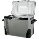 A gray Engel MR040 Top Opening 12/24V DC - 110/120V AC Fridge-Freezer with the lid open, revealing the inside storage compartment. Designed for marine applications, the unit features a corrosion-resistant ABS case, side handles, and a vented section on the front. It efficiently cools with its Swing Motor Compressor.