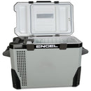 Open the Engel Coolers Engel MR040 Top Opening 12/24V DC - 110/120V AC Fridge-Freezer with a hinged lid, showcasing the interior compartment. The corrosion-resistant ABS case features a handle on each side and ventilation holes on the front left, making it ideal for marine applications.