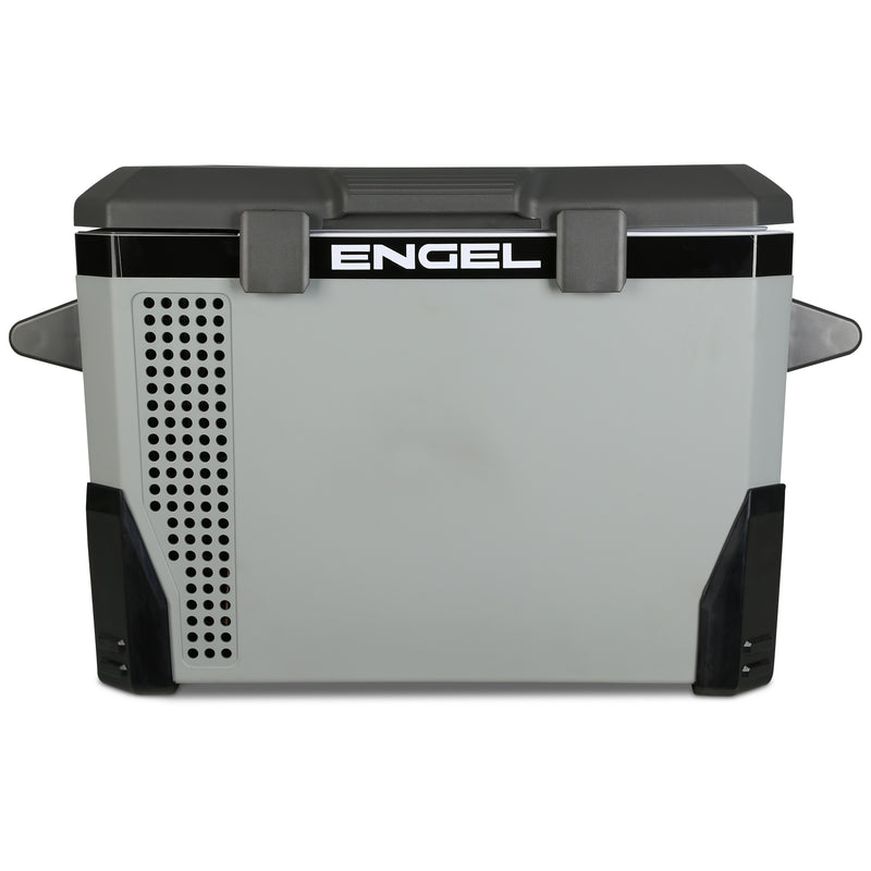 A gray Engel Coolers Engel MR040 Top Opening 12/24V DC - 110/120V AC Fridge-Freezer with black trim and ventilation holes on the left side, designed to be corrosion-resistant for demanding marine applications.