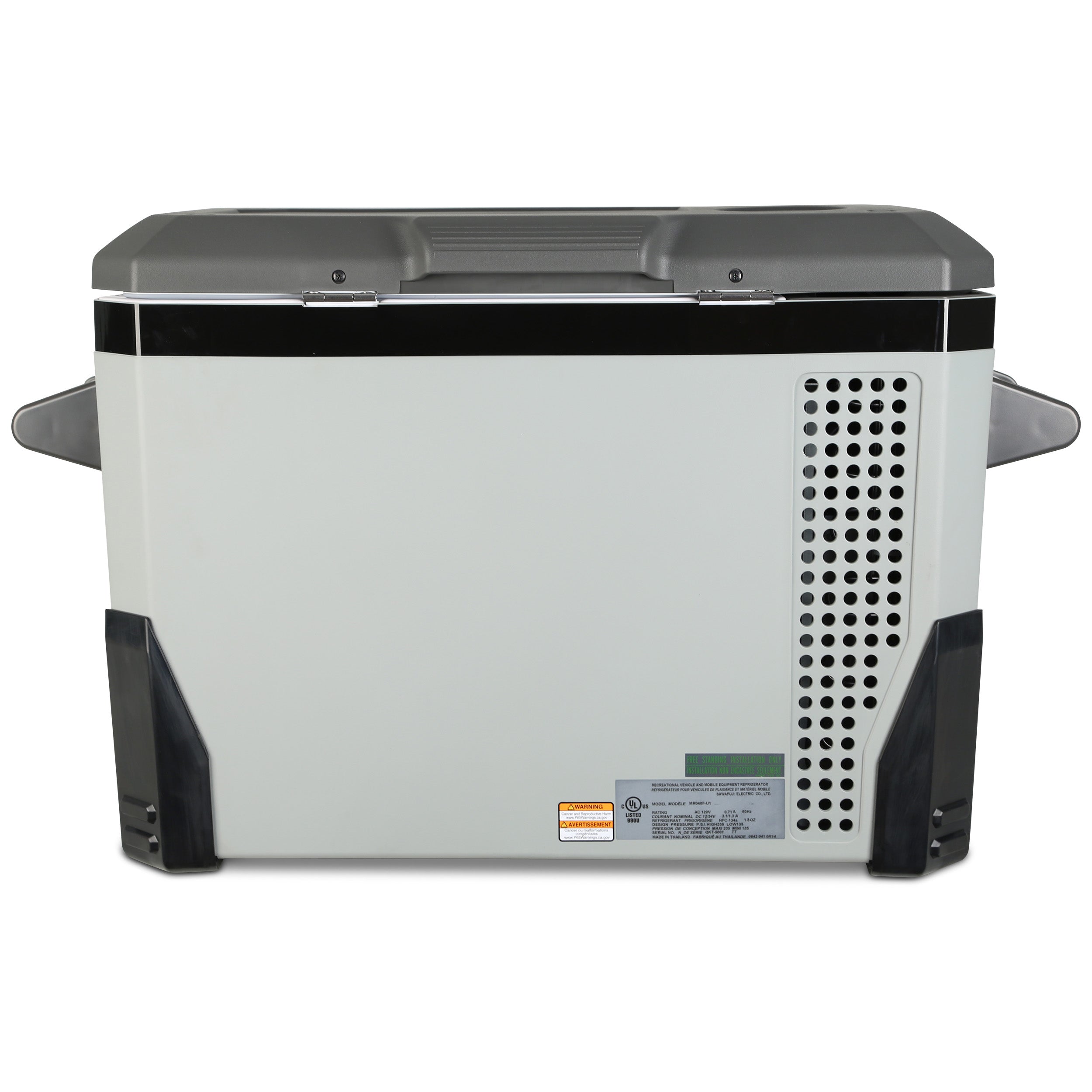 A rectangular, corrosion-resistant portable refrigerator with a white body, black handles, and a vented side panel, perfect for marine applications, the Engel MR040 Top Opening 12/24V DC - 110/120V AC Fridge-Freezer from Engel Coolers.