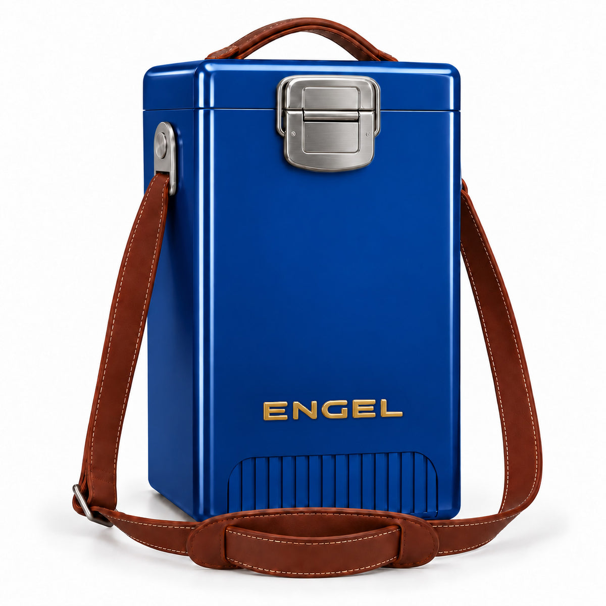 Engel Reserve Premium Wine Cooler by Engel Coolers, featuring a full-grain leather strap, metal latch, and top handle, shown on a plain white background.