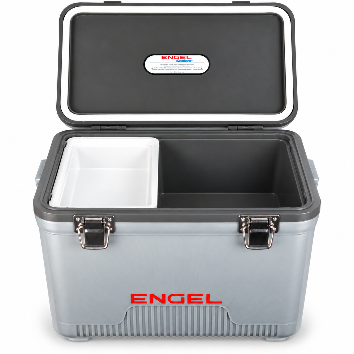 Grey Engel cooler with the lid open, featuring a removable white Engel Coolers Drybox Hanging Accessory Tray on the left side.