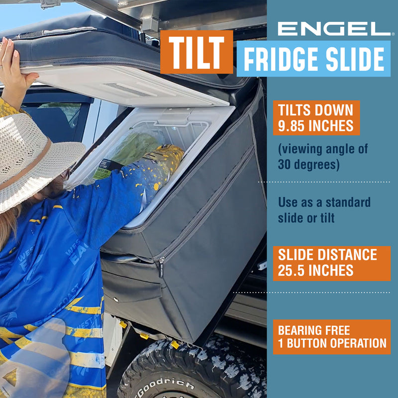 A person demonstrating the tilt mechanism of an ENGEL Low-Profile Front-Pull Tilt Fridge Slide mounted to a vehicle, with key product details highlighted.