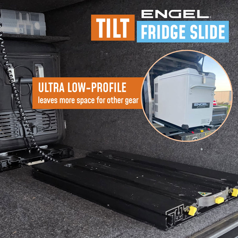ENGEL Low-Profile Front-Pull Tilt Fridge Slide with ultra-low profile and tilt mechanism for efficient space usage in a vehicle.