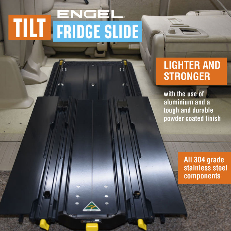 A sturdy ENGEL Low-Profile Front-Pull Tilt Fridge Slide with aluminum finish and stainless steel components, designed for outdoor accessory use in vehicles.