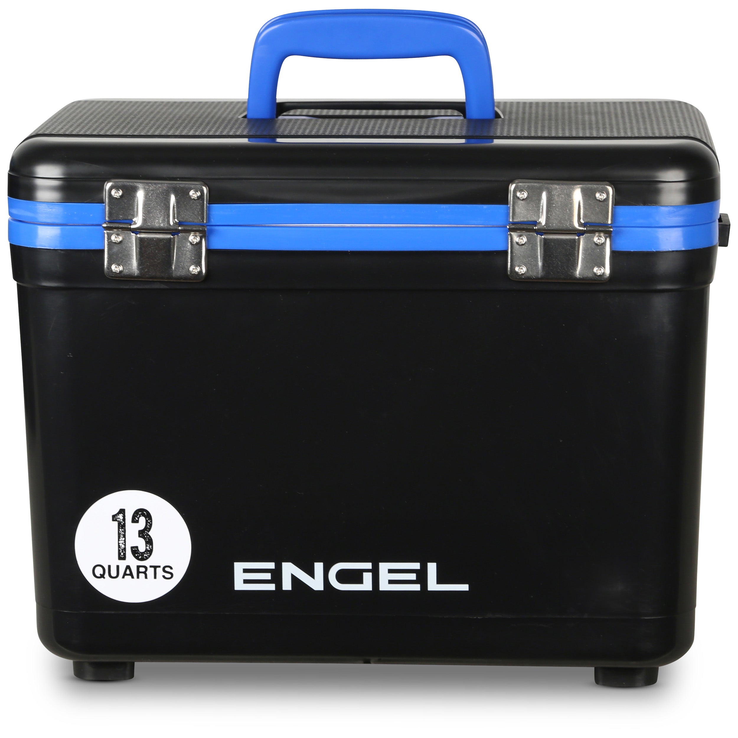 The Engel 13 Quart Drybox/Cooler, a product by Engel Coolers, comes in black with a blue handle and trim, making it ideal for any outdoor adventure. It functions as both an airtight cooler and a leak-proof drybox to keep your supplies fresh on every journey.