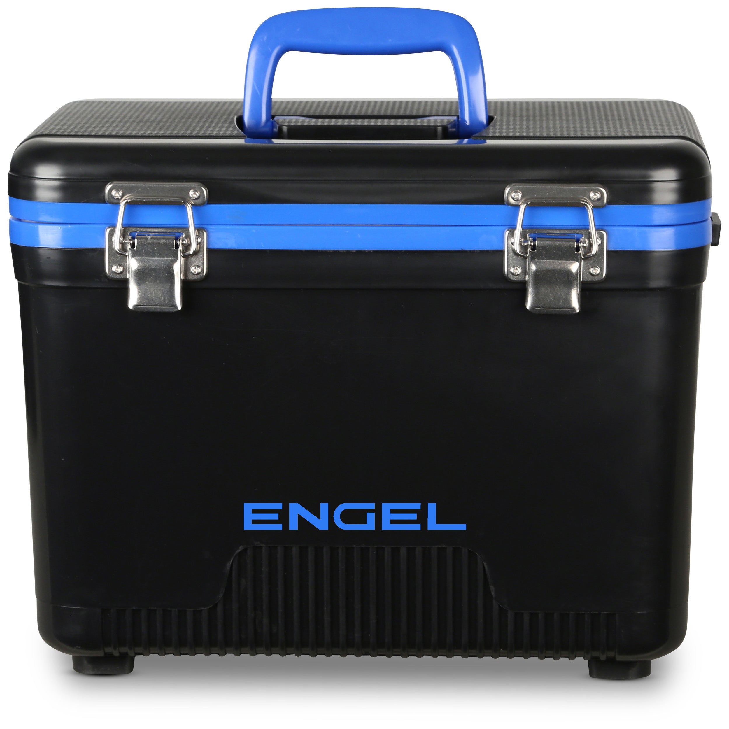 The Engel 13 Quart Drybox/Cooler by Engel Coolers, in black with a blue handle and accents, features front metal latches and airtight storage, making it ideal for kayak fishermen to keep their catch fresh.