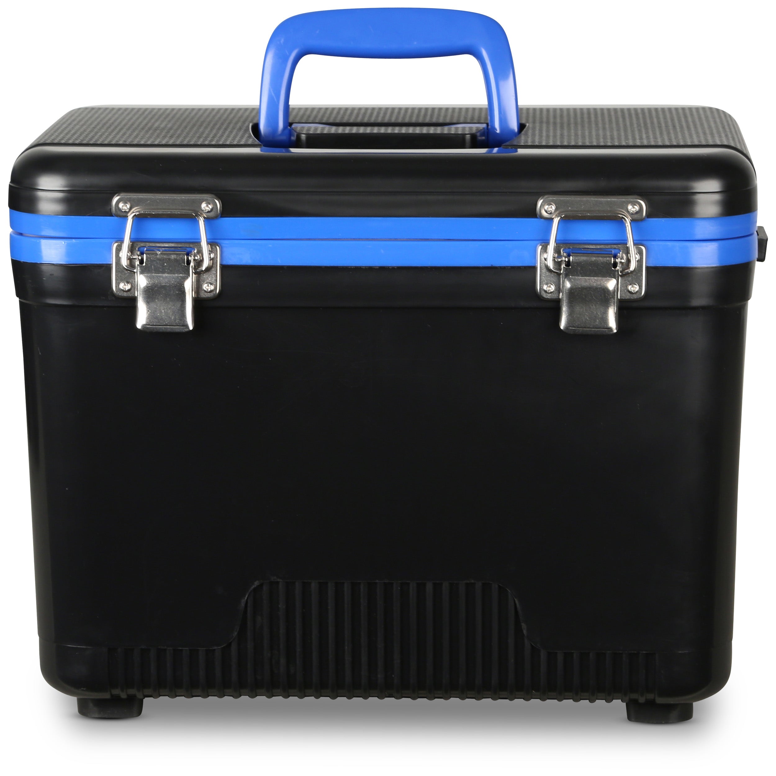 The Engel 13 Quart Drybox/Cooler by Engel Coolers is a black insulated cooler box with a blue handle and stripe, specifically designed for kayak fishermen. It features two metal clasps on the front and serves as a leak-proof drybox.