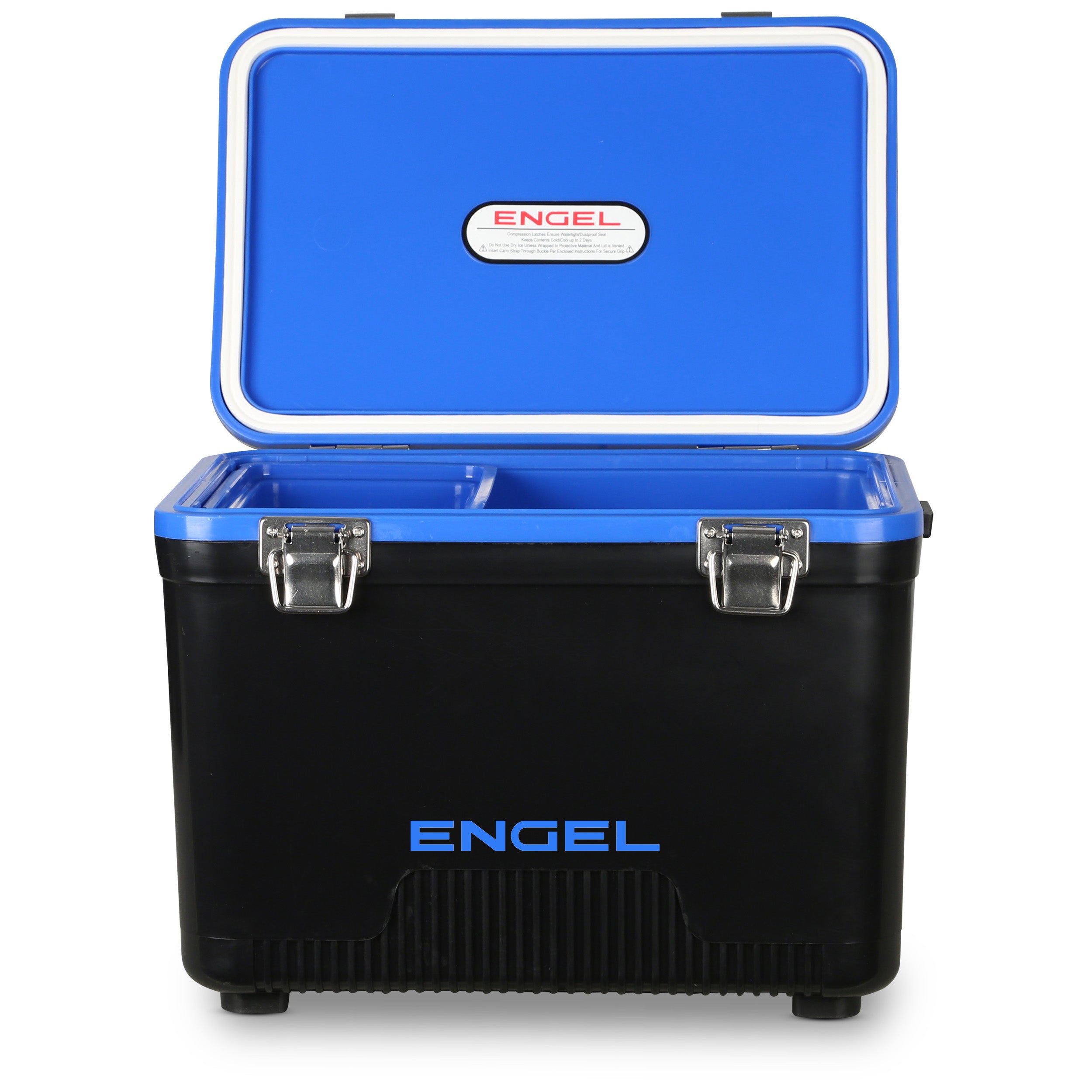 The Engel 13 Quart Drybox/Cooler by Engel Coolers, shown in blue and black with an open lid, reveals leak-proof compartments inside. Perfect for kayak fishermen, it offers airtight storage of essentials on any adventure.