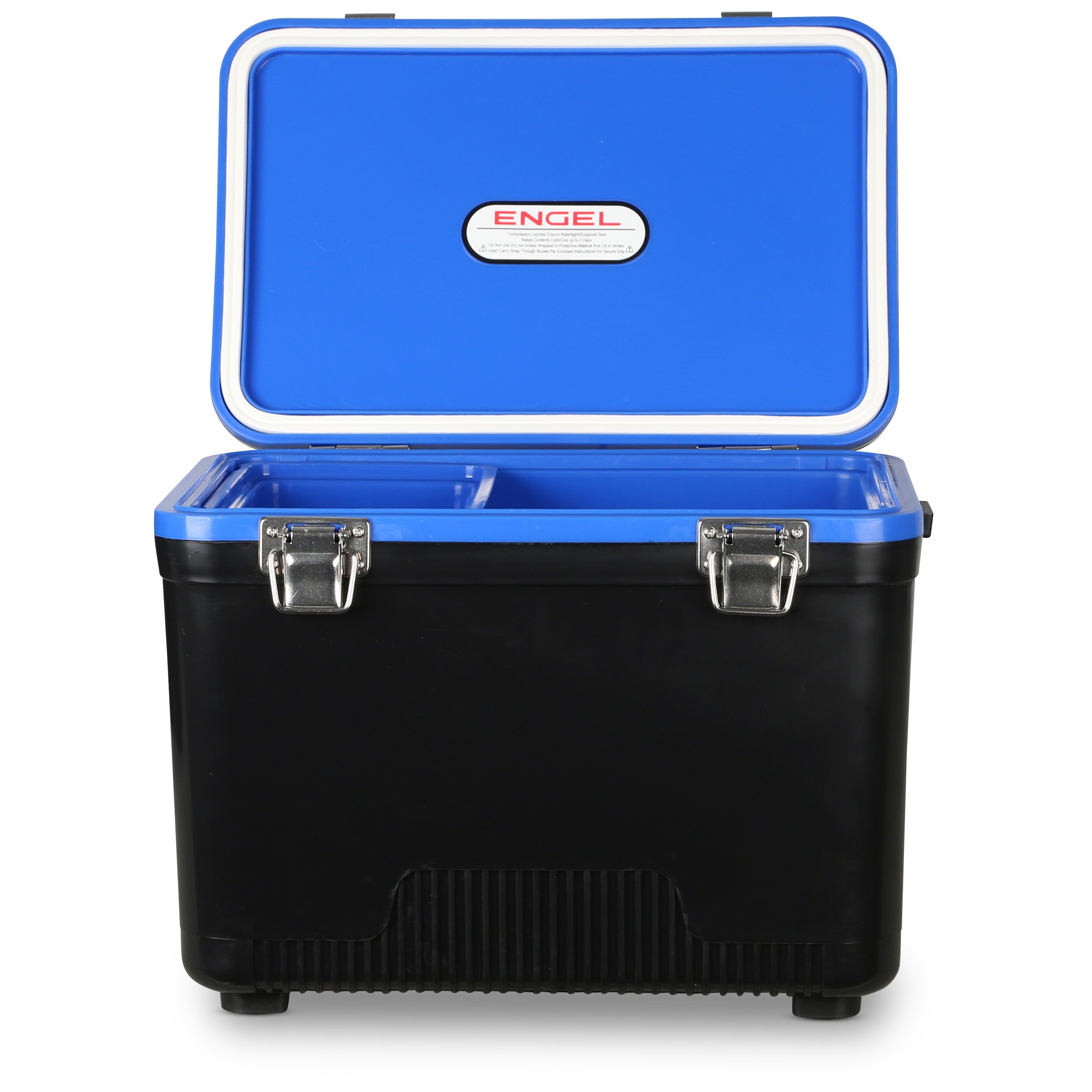 The Engel Coolers 13 Quart Drybox/Cooler in blue and black features an open lid with two compartments, ideal for your next outdoor excursion. Its airtight design guarantees a leak-proof experience, ensuring your belongings remain secure and fresh.