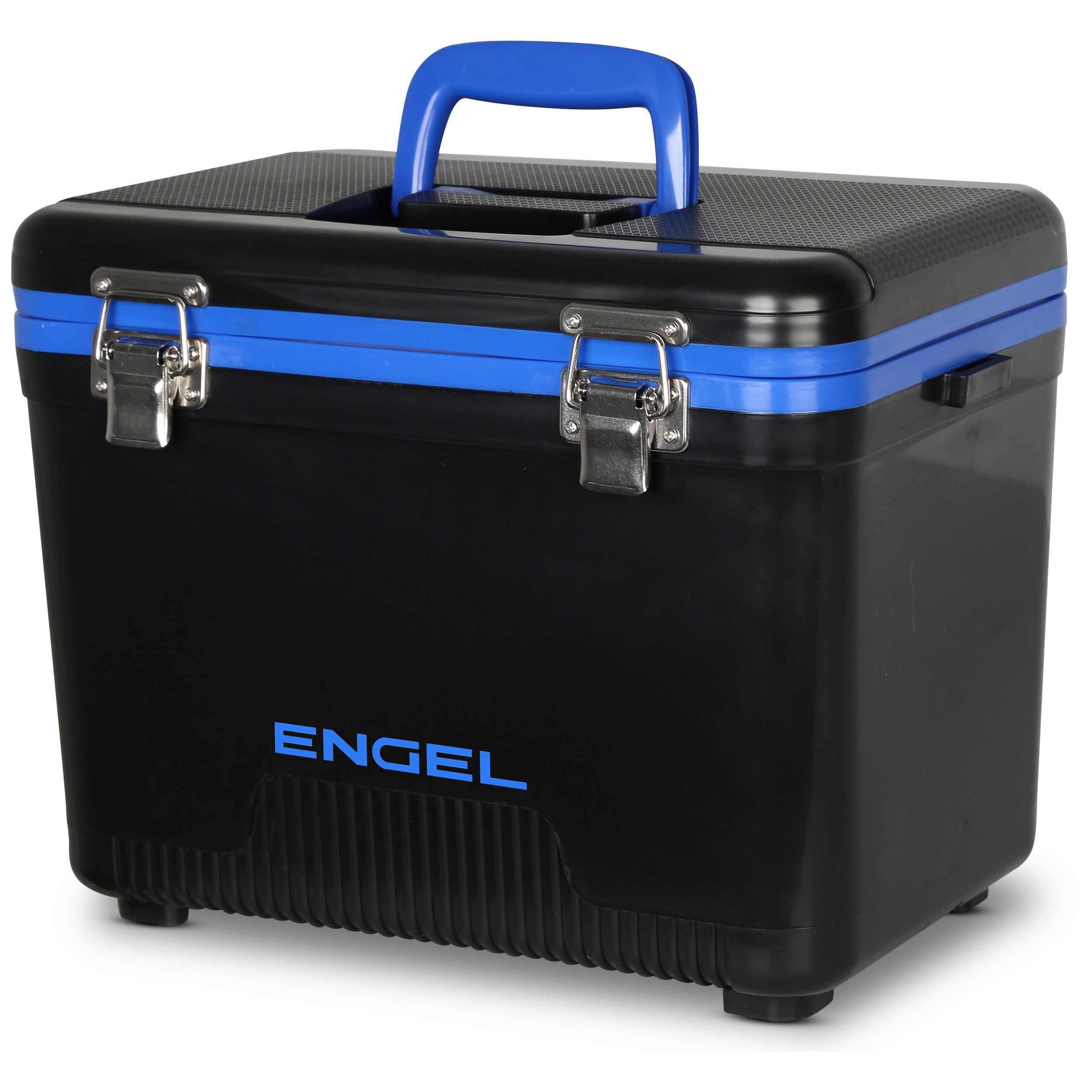 The Engel 13 Quart Drybox/Cooler by Engel Coolers has a black body with a blue handle and band, metal clasps on the front, and functions as an air-tight drybox to keep your items secure and leak-proof.