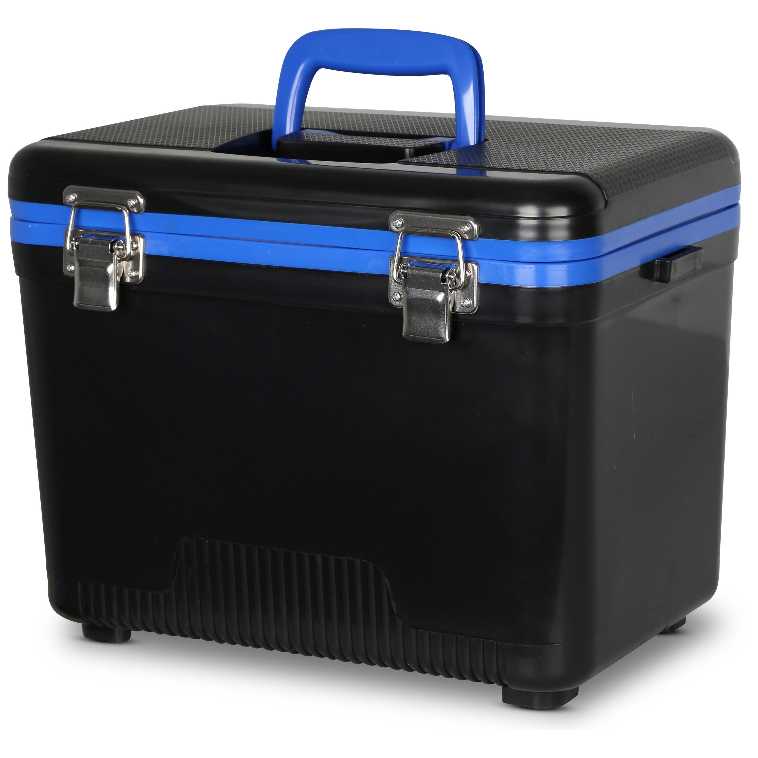 The Engel Coolers' Engel 13 Quart Drybox/Cooler is constructed from black plastic and features a blue handle, silver metal latches, and leak-proof drybox capabilities.