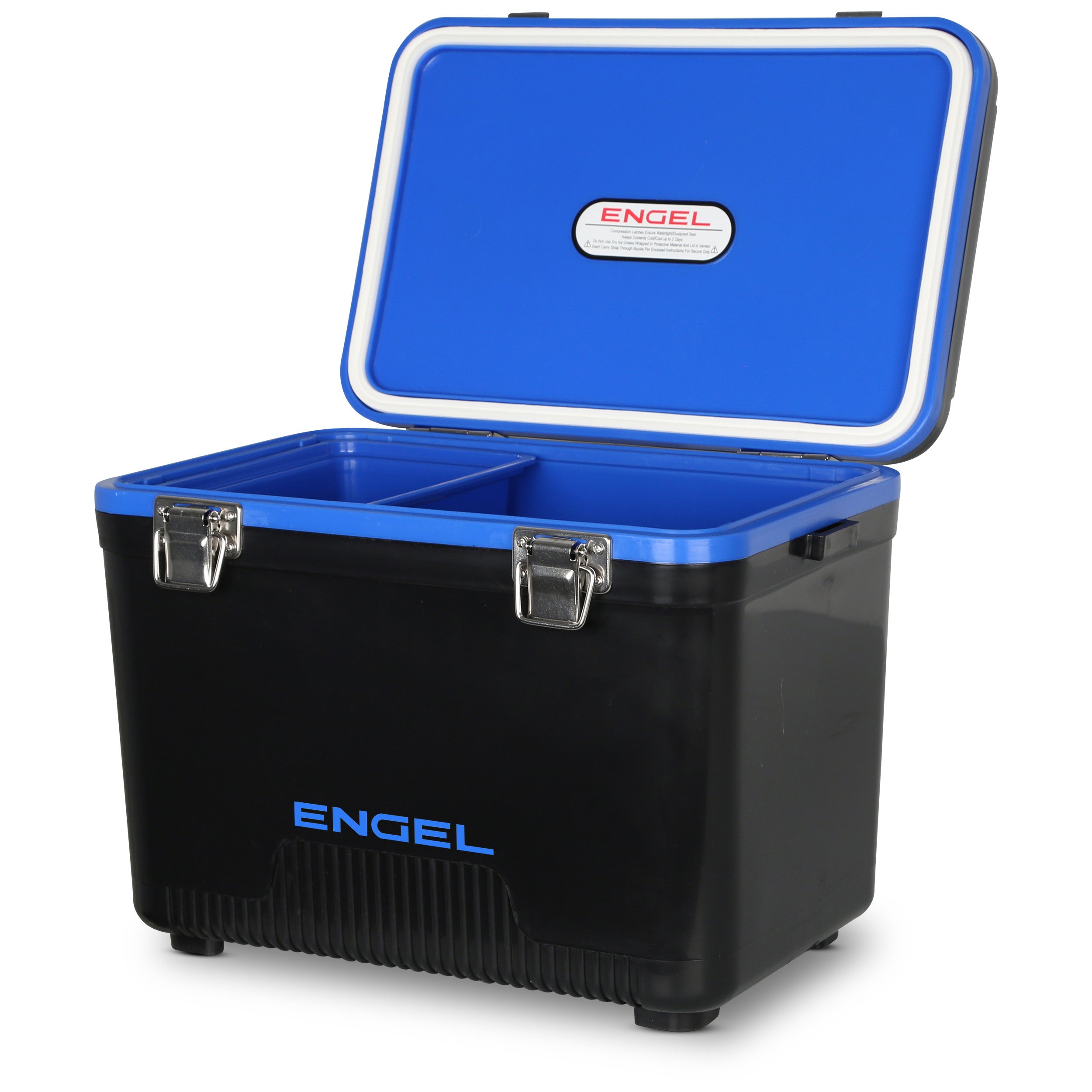 Open the Engel 13 Quart Drybox/Cooler by Engel Coolers in black and blue, featuring air-tight compartments, metal latches, a leak-proof design, and a logo on the lid.