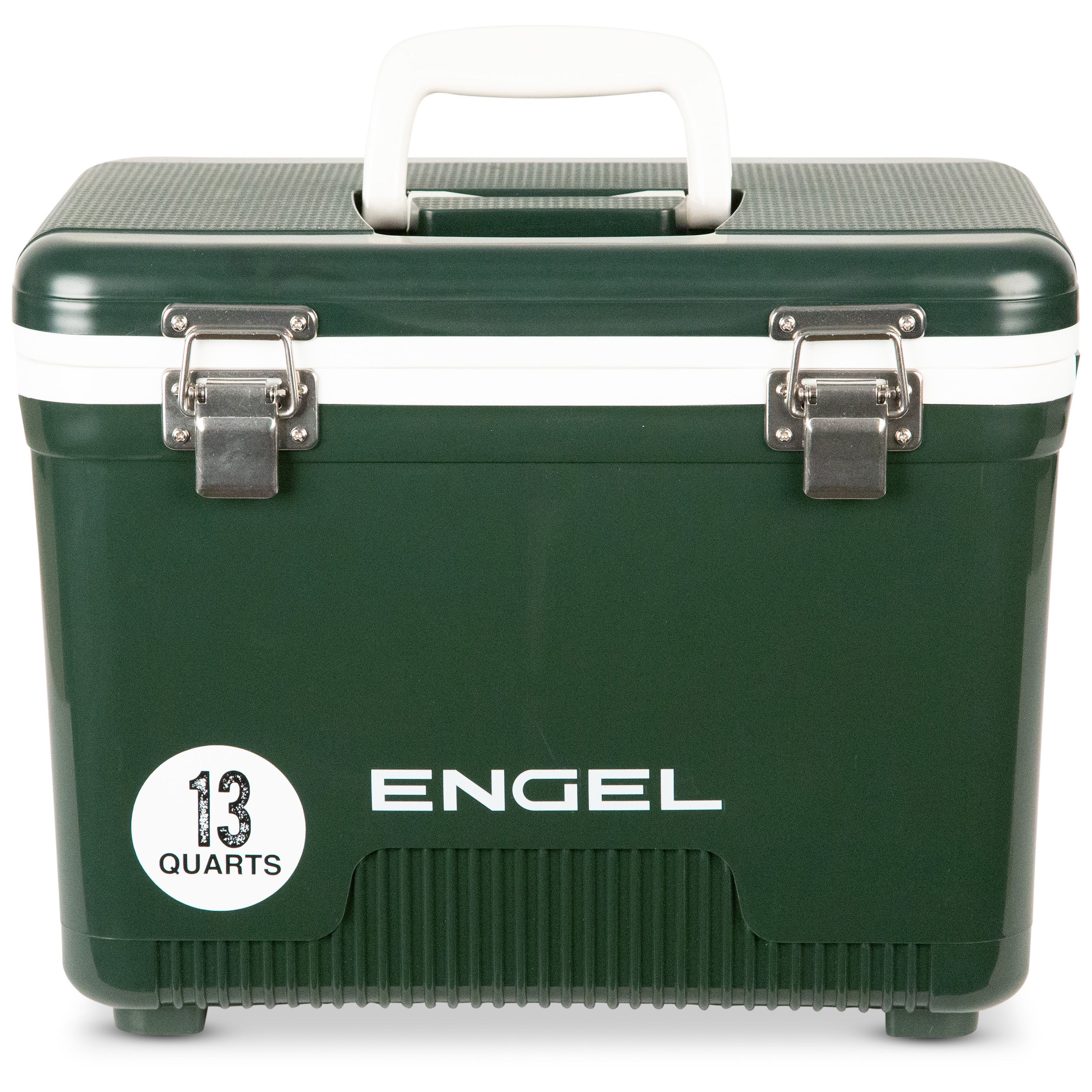 The Engel Coolers 13 Quart Drybox/Cooler is tailored for hunters and kayak fishermen, featuring an airtight drybox, metal latches, and a white handle to keep your items secure and protected on any adventure.