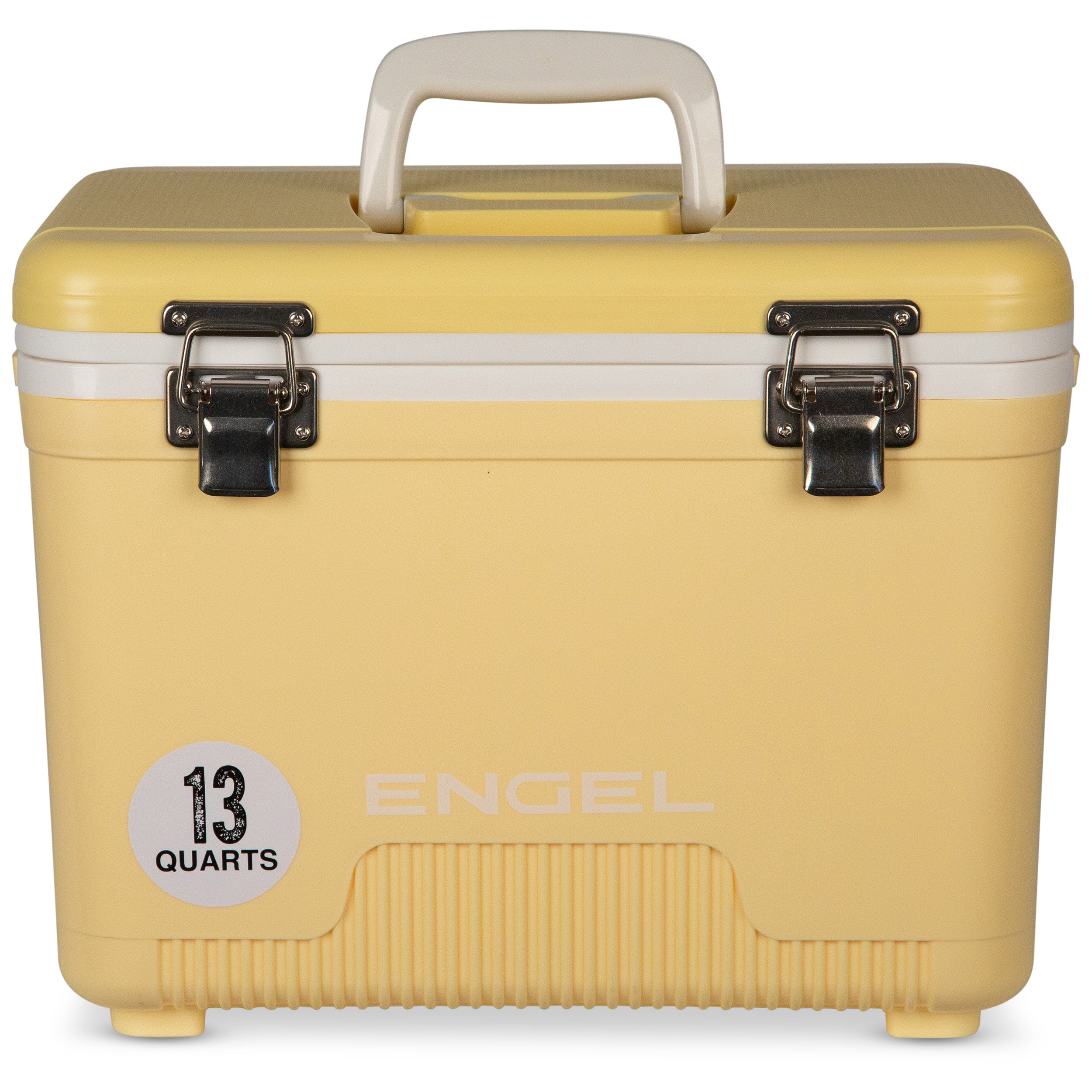 The Engel 13 Quart Drybox/Cooler by Engel Coolers is ideal for outdoor adventures with its yellow color, white handle, and two metal clasps. "13 Quarts" is printed on the bottom left corner to ensure secure storage of essentials in this leak-proof cooler.