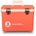 An Engel Coolers 13 Quart Drybox/Cooler with the word Engel on it, ideal for any outdoor adventure.