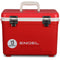 The Engel 13 Quart Drybox/Cooler from Engel Coolers features a red exterior, white handle, metal latches, and a label indicating its 13-quart capacity. Specifically designed for kayak fishermen, this leak-proof drybox ensures contents remain secure and water-free.