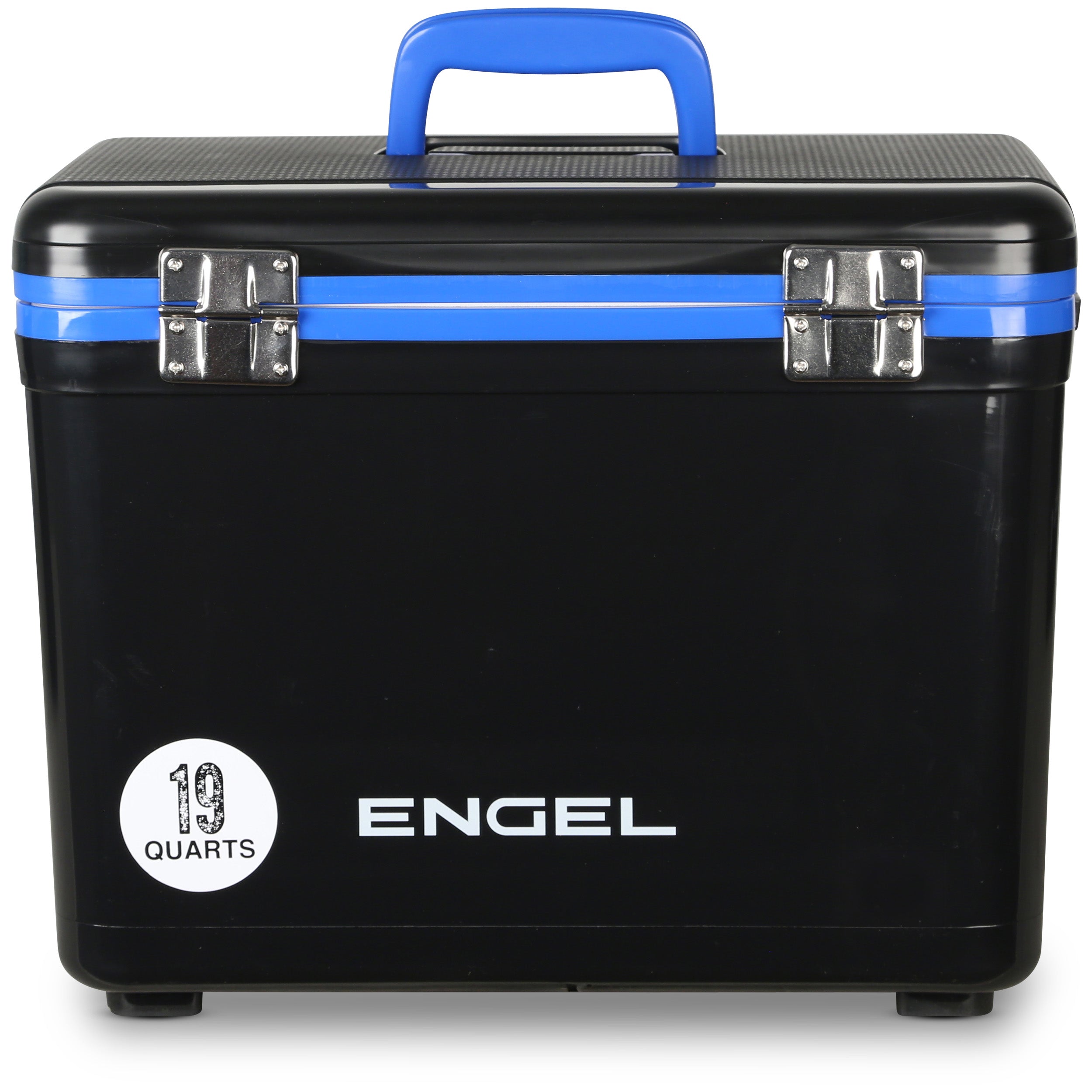 The Engel Coolers 19 Quart Drybox/Cooler, designed in black with a blue handle and silver latches, offers a leak-proof and airtight seal, making it ideal for outdoor use.