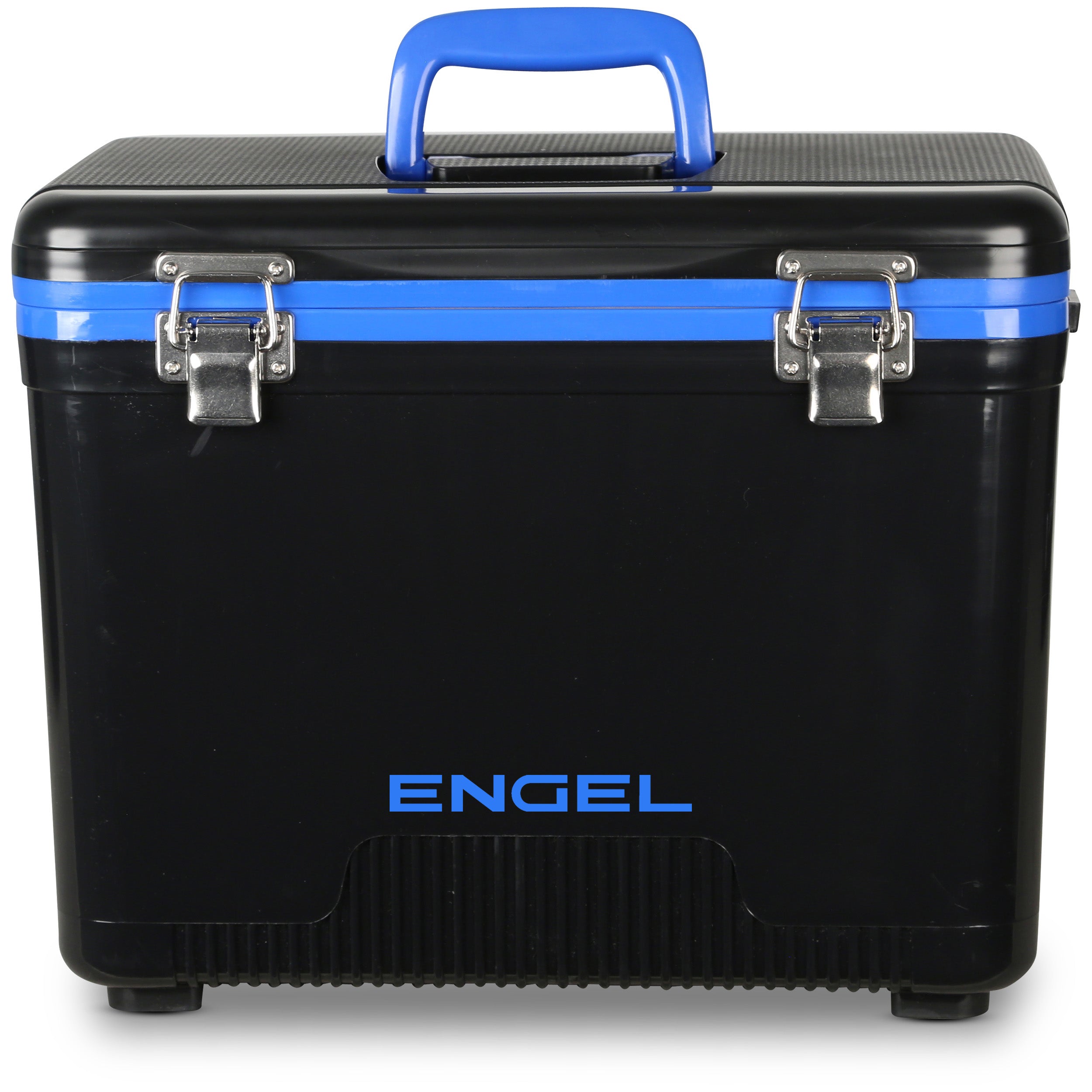 Engel Coolers' 19 Quart Drybox/Cooler is a black portable cooler with a blue handle and "Engel" on the front, featuring two silver latches. It's leak-proof for secure protection.