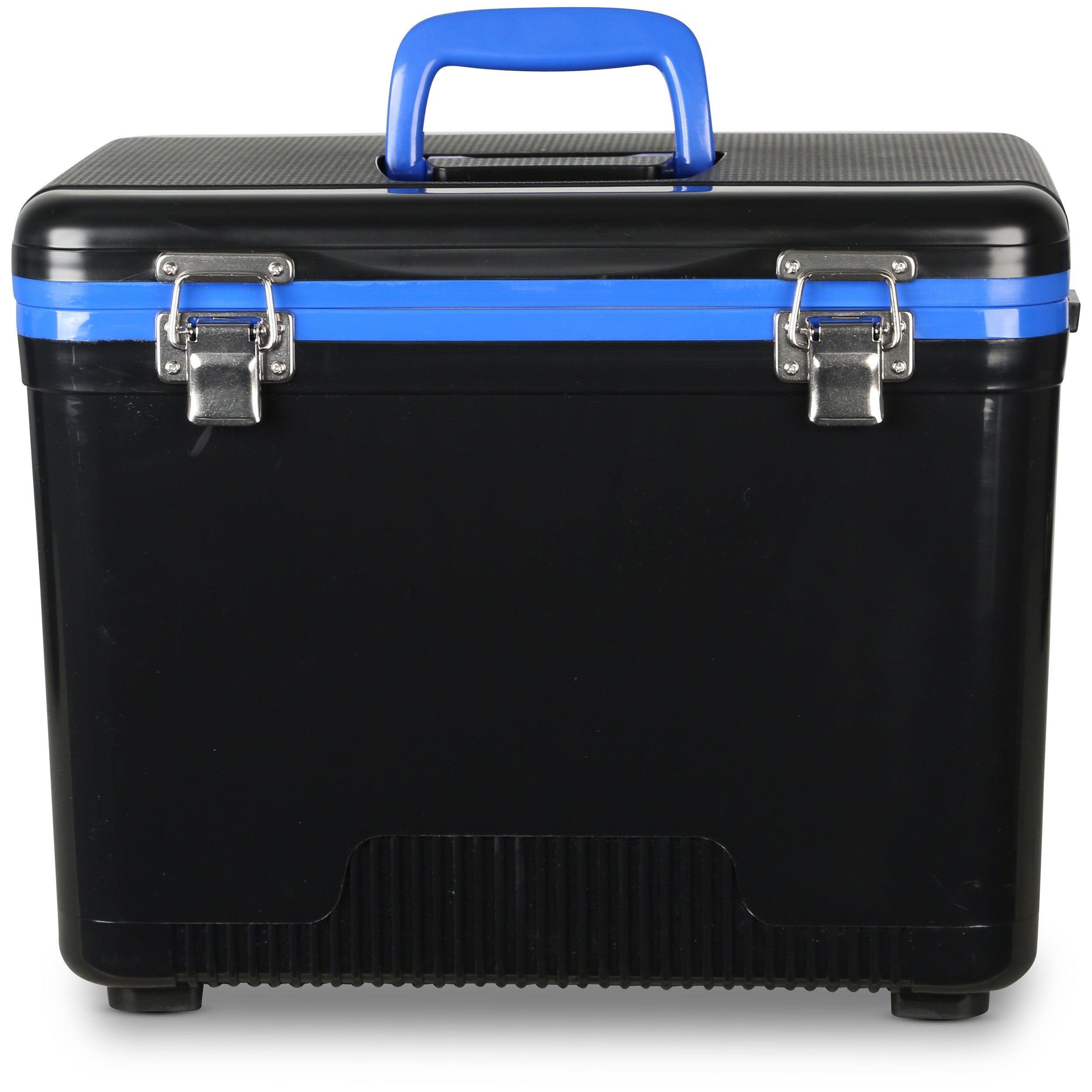 The Engel Coolers 19 Quart Drybox/Cooler comes in black and blue, featuring a sturdy handle and metal latches.