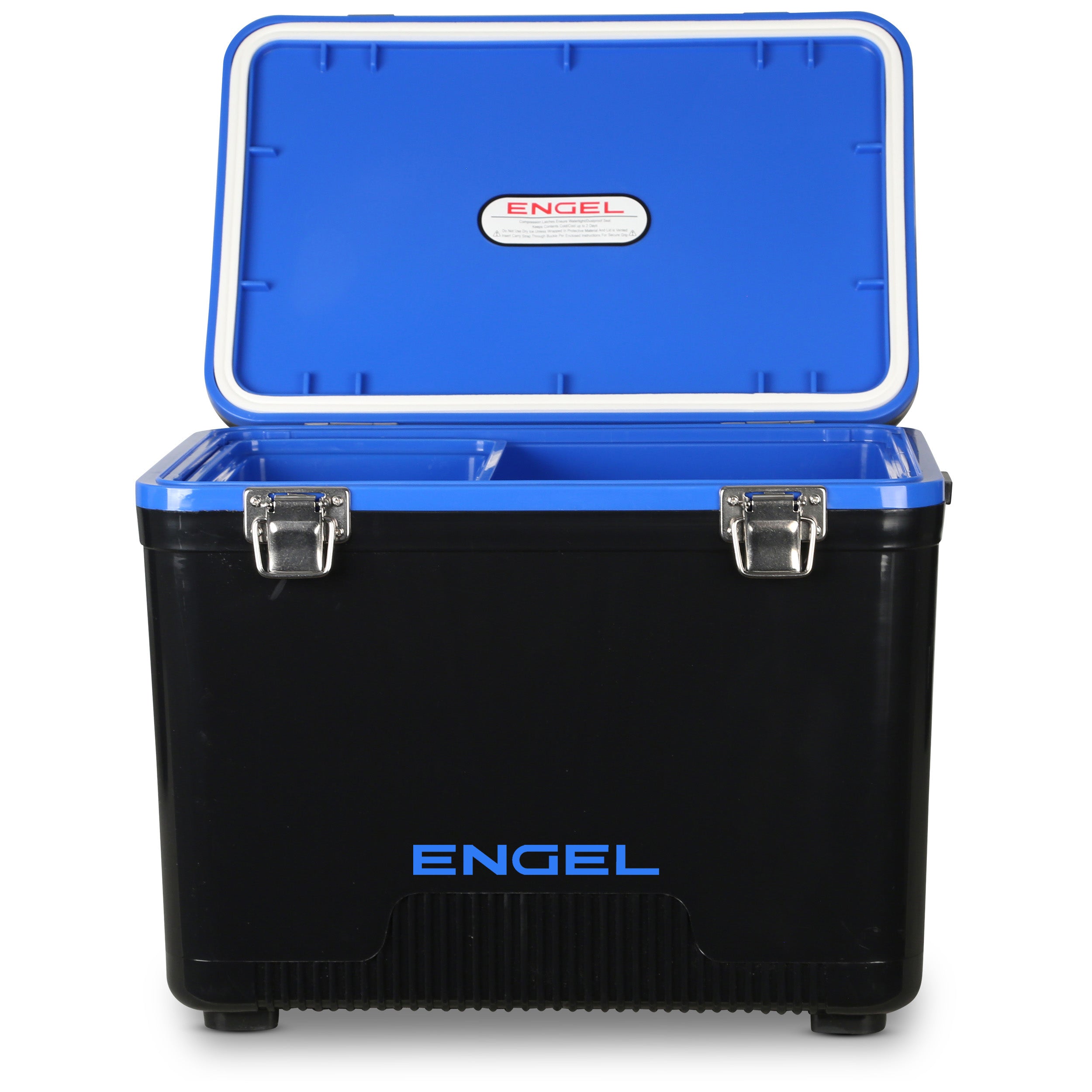 The Engel 19 Quart Drybox/Cooler by Engel Coolers features a black exterior with an open blue lid, divided compartments for organization, and the brand logo prominently displayed on the front and lid.