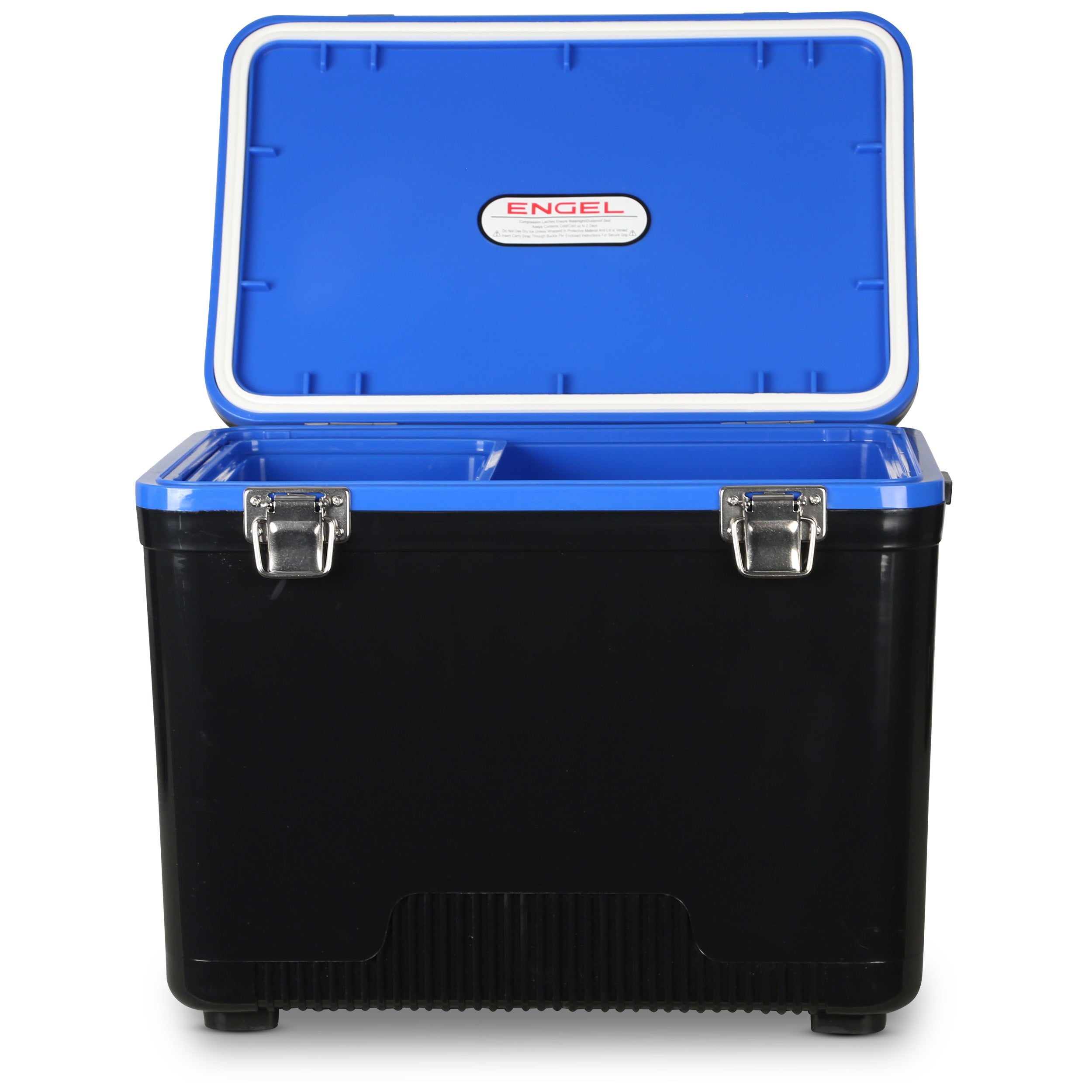 A black and blue Engel 19 Quart Drybox/Cooler from Engel Coolers with its lid open, revealing a divided interior and airtight seal.