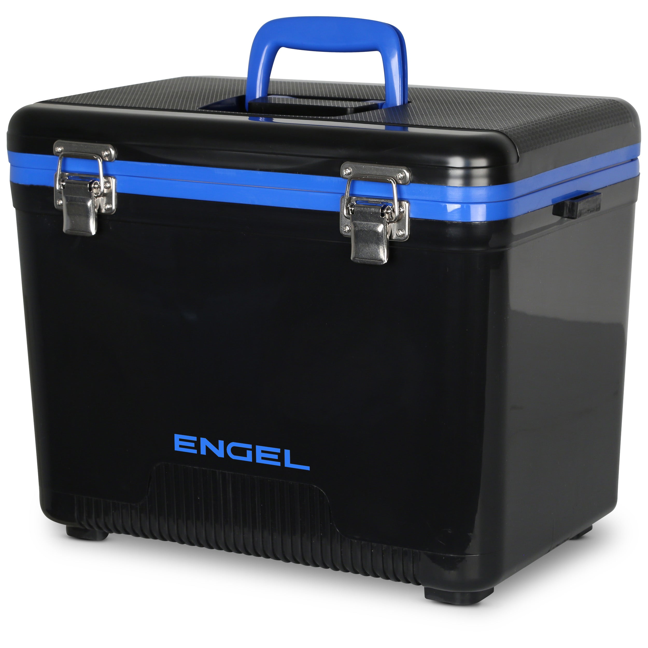 The Engel 19 Quart Drybox/Cooler by Engel Coolers is black and blue, featuring a leak-proof design with a hinged lid, metal latches, and a top handle. The "ENGEL" brand name is printed on the front, keeping your items secure and dry.