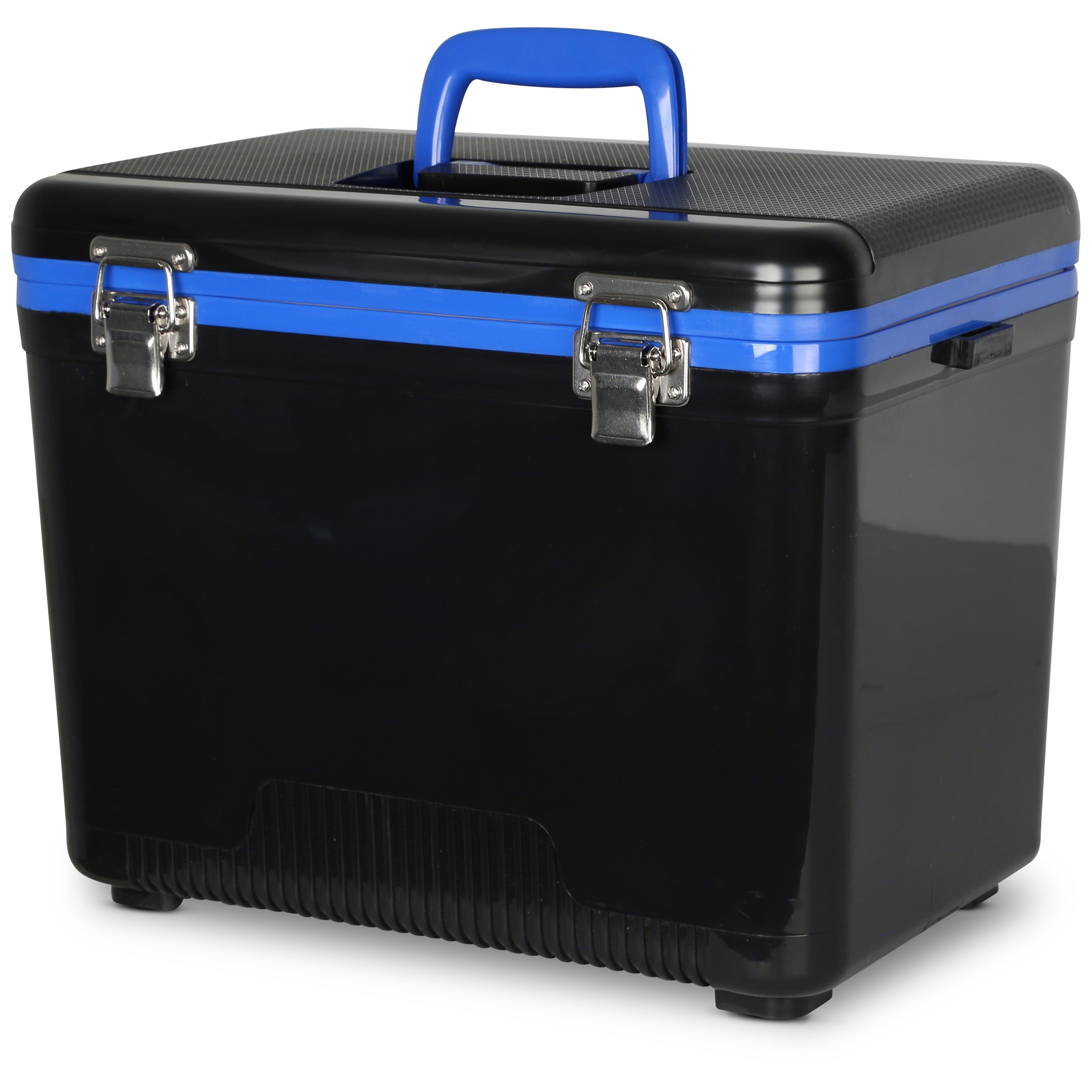 The Engel 19 Quart Drybox/Cooler by Engel Coolers is a stylish black and blue outdoor cooler, equipped with a top handle and sturdy metal clasps on the front. It features an airtight seal to ensure maximum freshness.