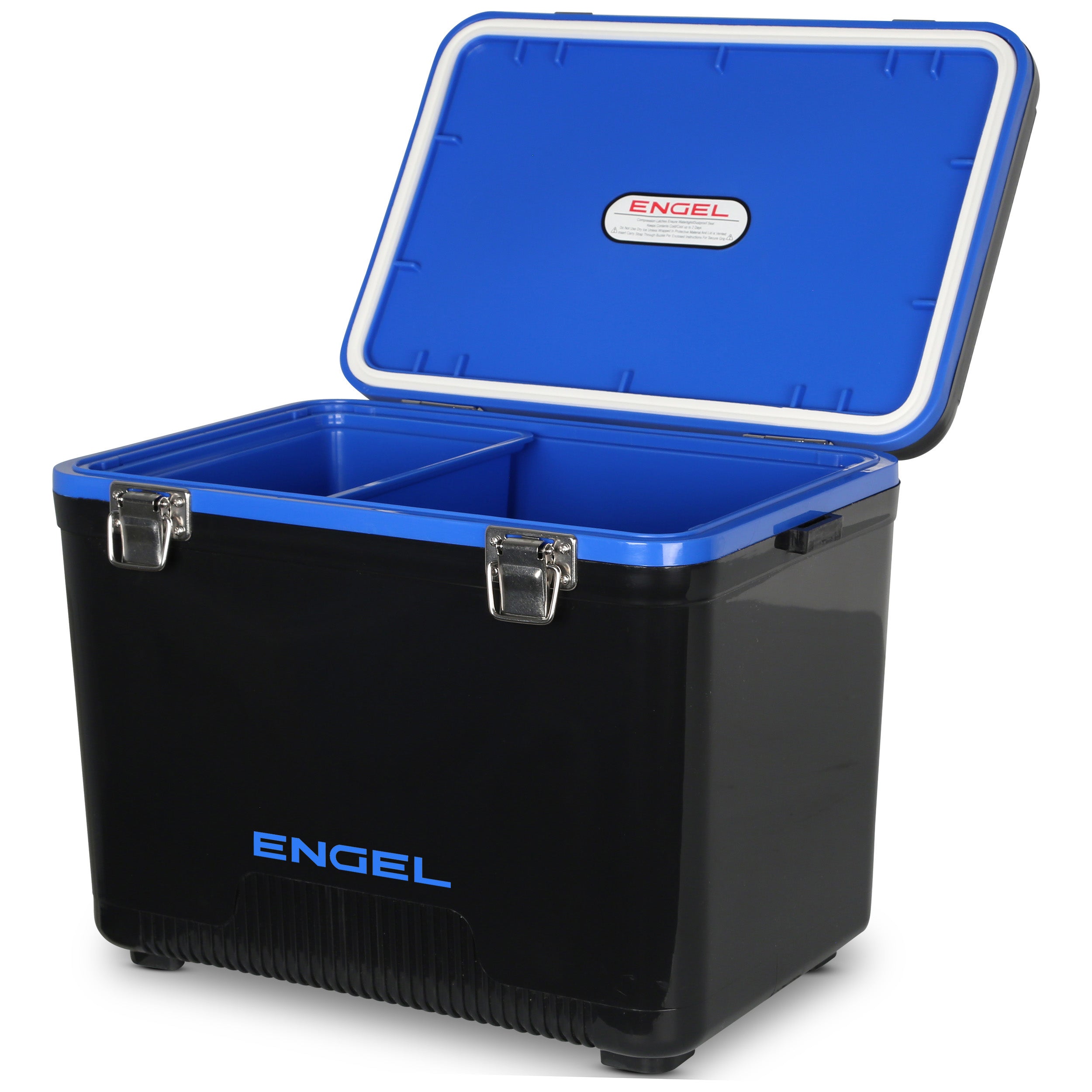 The Engel 19 Quart Drybox/Cooler by Engel Coolers features a divided interior, metal latches, and an airtight seal.