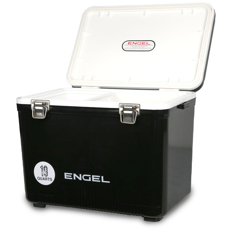A black cooler with the word Engel Coolers on it, perfect for outdoors.