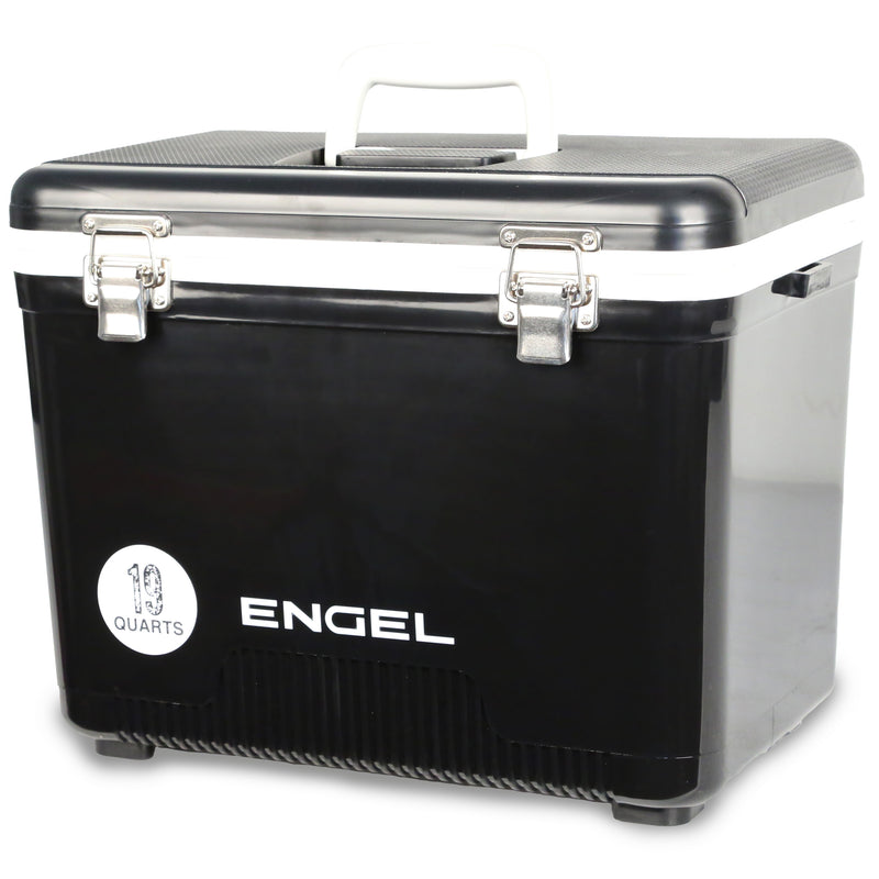A black Engel 19 Quart Drybox/Cooler with the word Engel Coolers on it, ideal for outdoors.