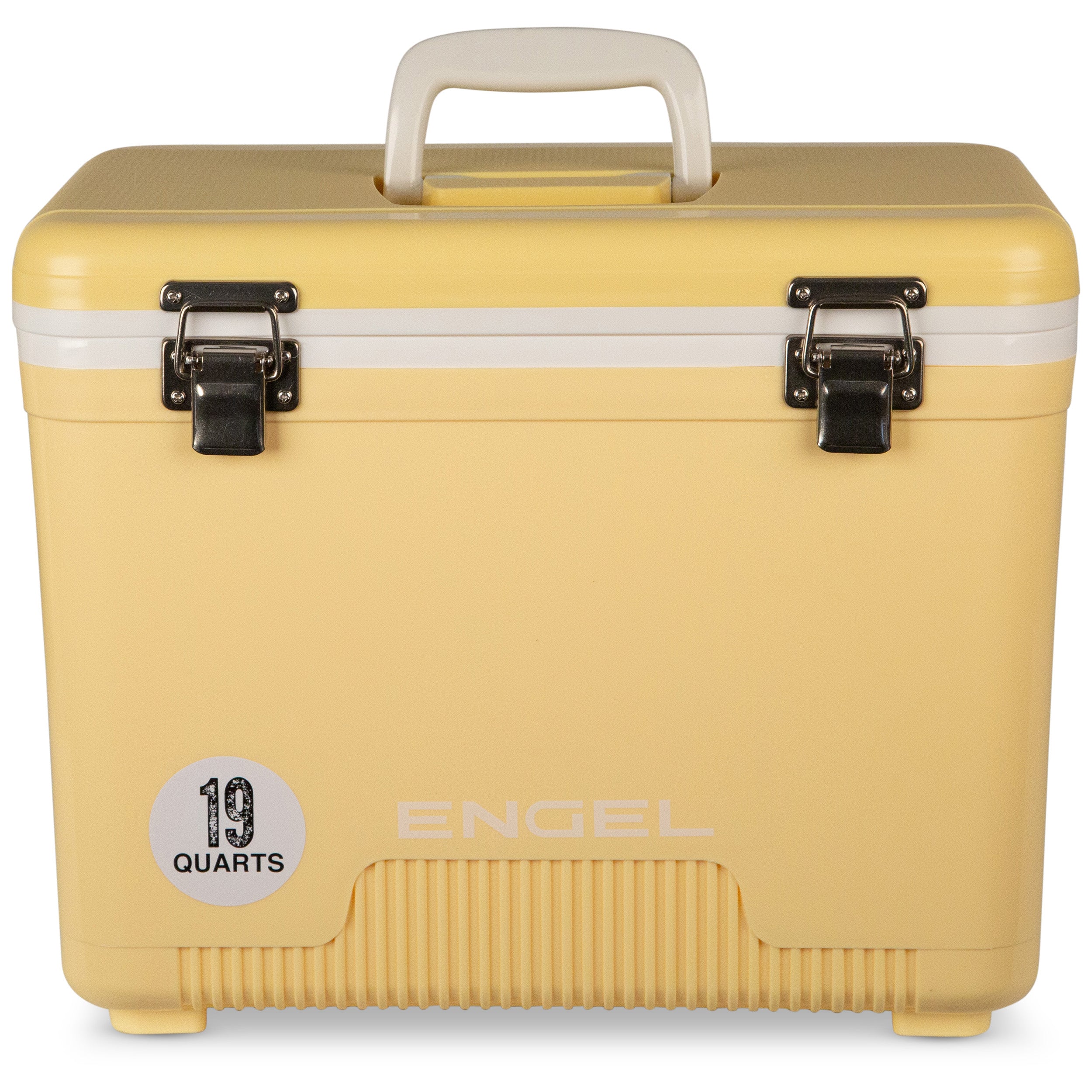 The Engel Coolers 19 Quart Drybox/Cooler is yellow with a white handle and two front metal latches, providing an airtight seal ideal for kayaking trips.