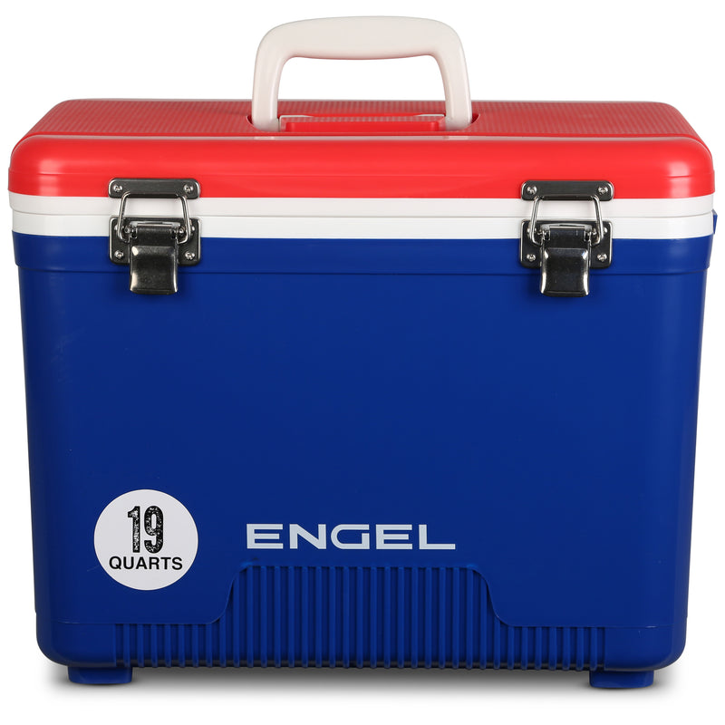 A blue Engel Coolers 19Qt Patriotic Drybox Cooler with a red lid and a white handle, labeled "19 quarts" on the front.