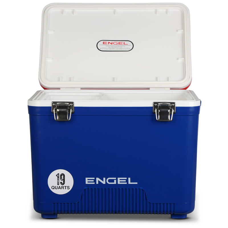 A blue and white Engel Coolers brand Engel 19Qt Patriotic Drybox Cooler, featuring metal latches and a front logo.