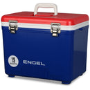 A blue and red Engel 19Qt Patriotic Drybox Cooler with metal latches and a white handle, isolated on a white background.