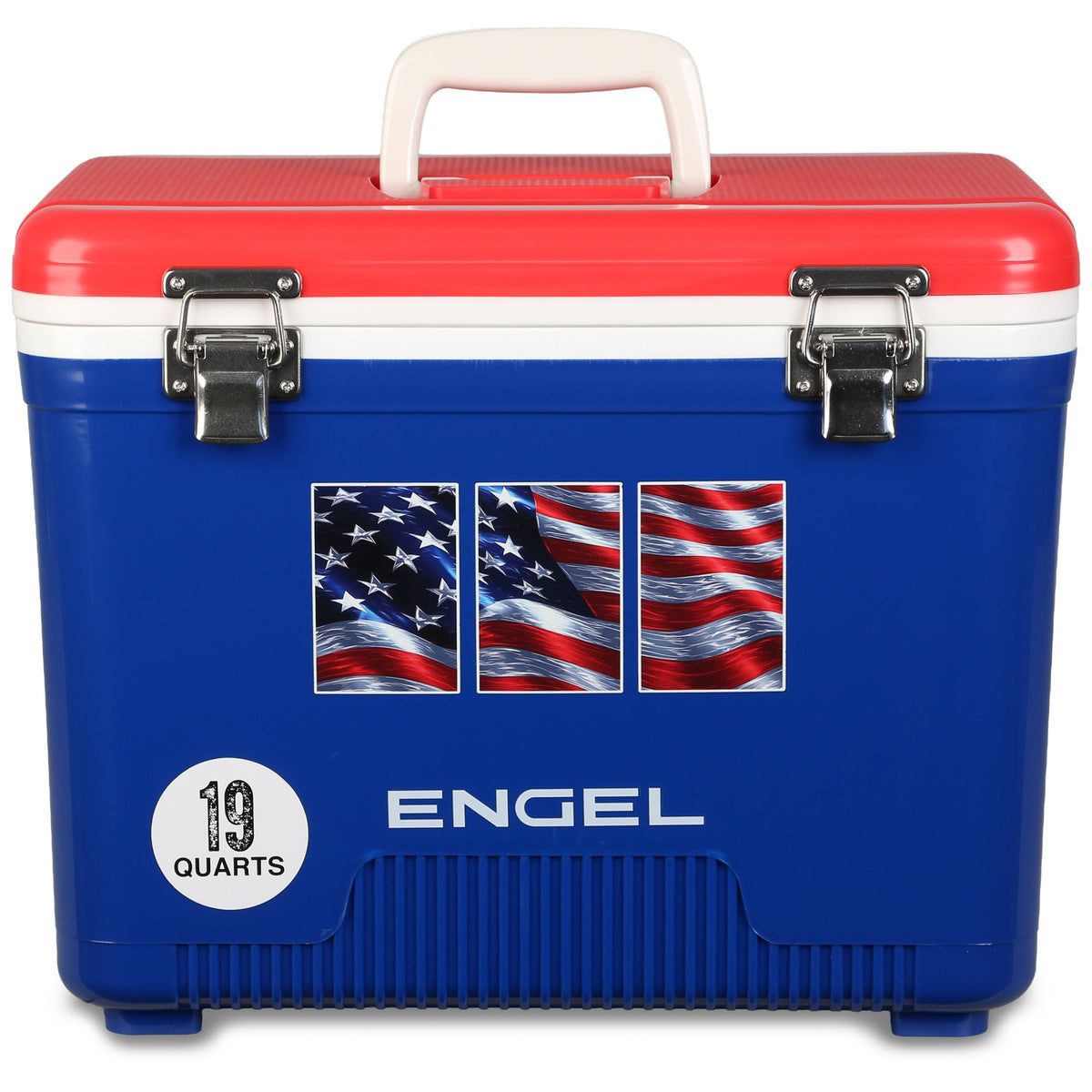A refurbished Engel Coolers 19 Quart Drybox/Cooler featuring red, white, and blue colors, an American flag design, sturdy metal latches, and a “19 Quarts” label on the front. This airtight dry box is built to keep your belongings secure and protected wherever you travel.