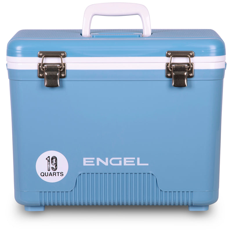 A blue Engel 19 Quart Drybox/Cooler with the word Engel Coolers on it, perfect for outdoors.